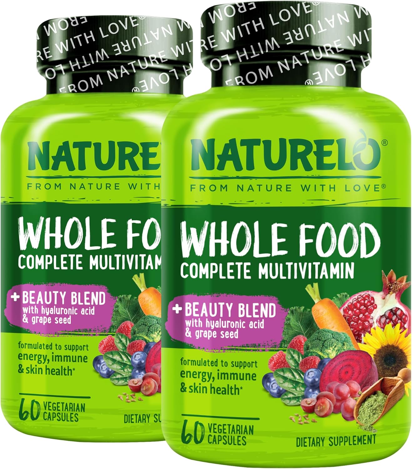 NATURELO Whole Food Multivitamin with Extra Hair, Skin & Nails Support – Beauty Blend with Hyaluronic Acid & Grape Seed – High Potency Biotin, Vitamin C, & Glutathione, 60 Vegan Capsules (Pack of 2)