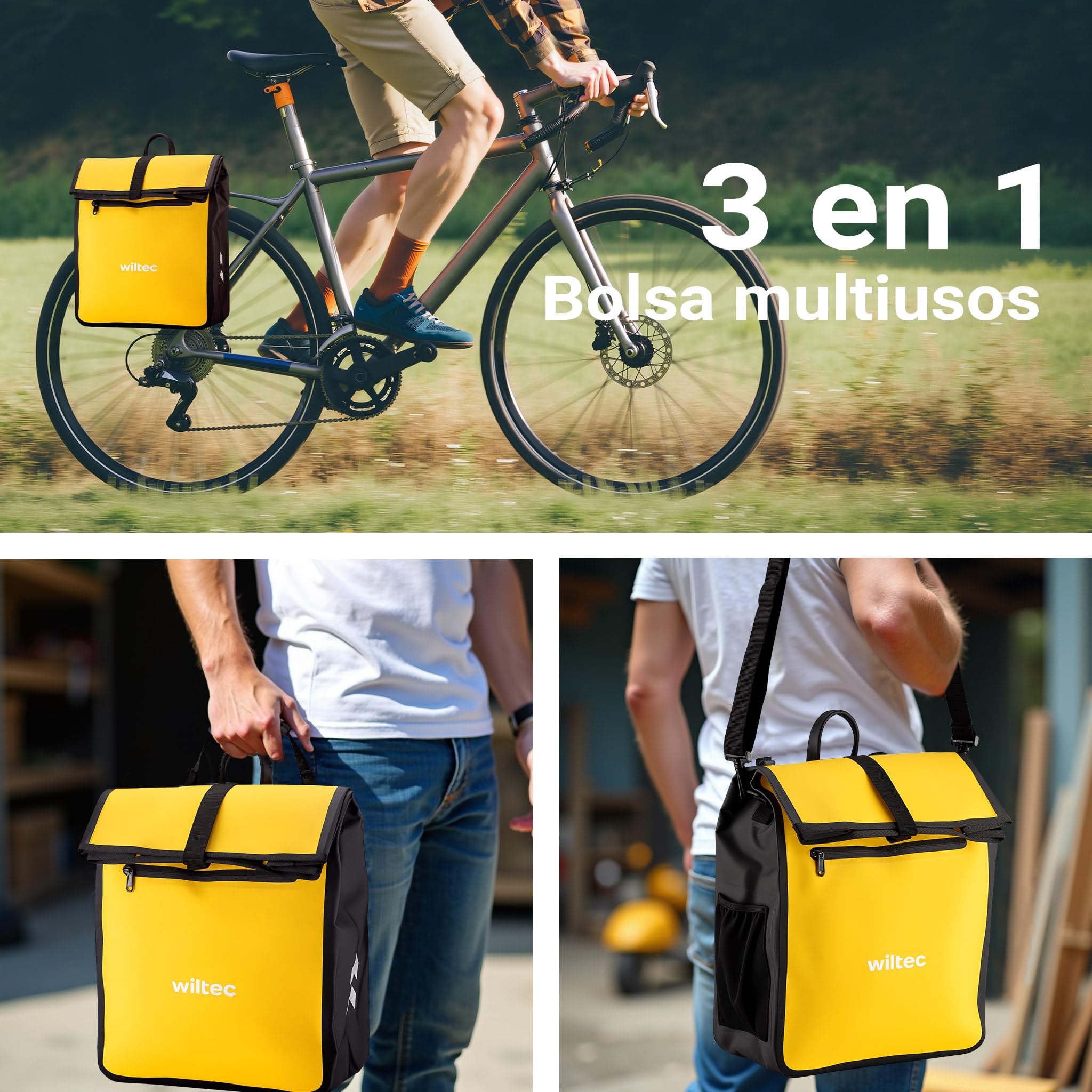 WilTec Bolsa para Bicicleta 22 L Amarilla Impermeable Material PVC y poliéster con Correa Ajustable Uso como Bandolera Ideal para portabultos Traseros Ciclismo Compras excursiones y Transporte Diario