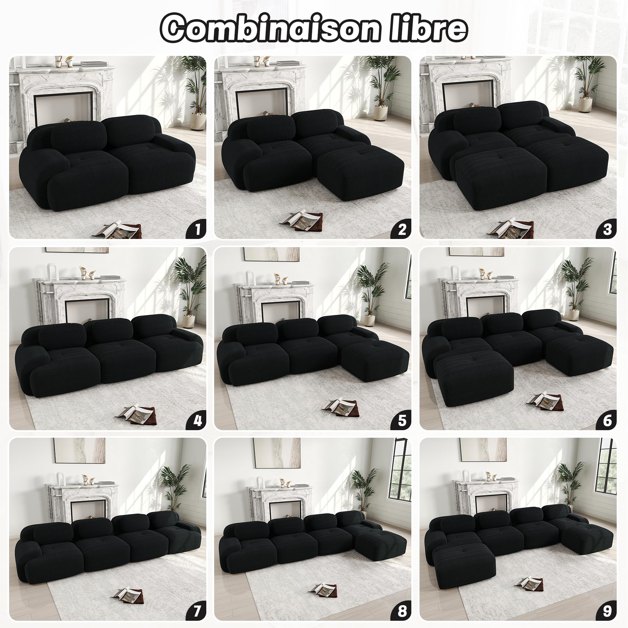 Canapé-lit Modulaire Désossé, Velours côtelé Canapé 2 Places et 2 Pouf, Configuration Libre, Loveseat Longue Canapé de Salon, sans Montage