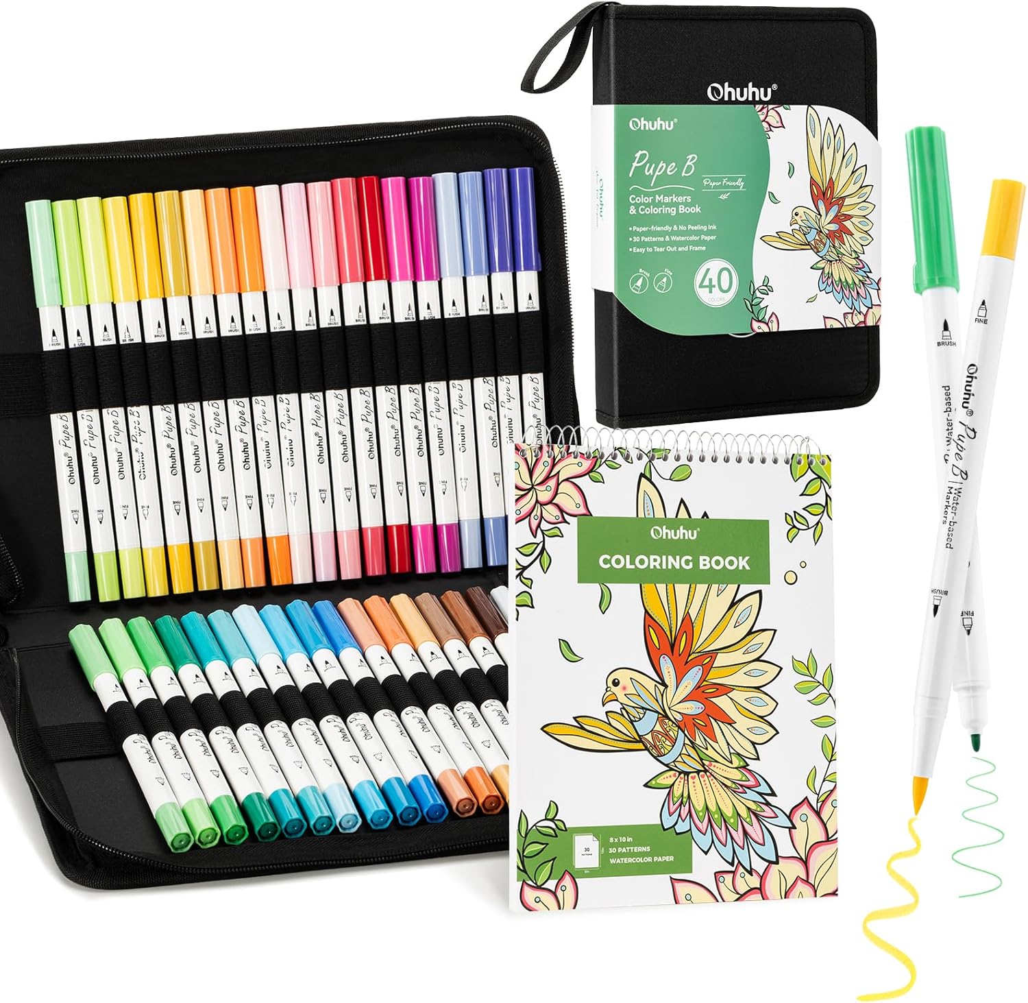 Ohuhu Adult Coloring Book 30 Patterns with 40 Colors Paper-Friendly Markers 230gsm Spiral Bound Coloring Book for Adults Relaxation Water-Based Markers for Adult Coloring Books No Bleeding - Pupe B