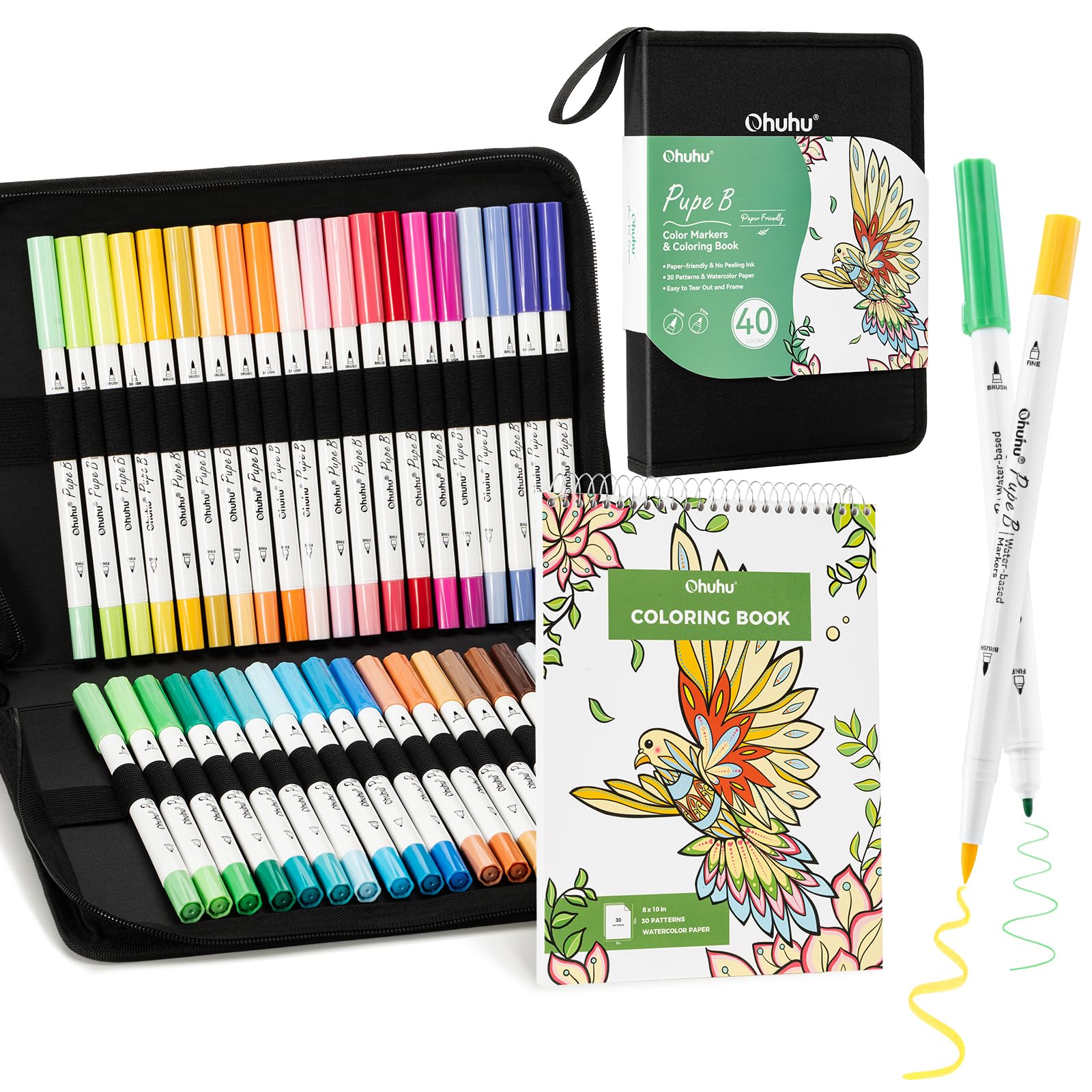 Ohuhu Rotulador suave sobre papel, 40 colores con libro para colorear de 30 páginas, sin rotulador que se descascara para libros de colorear para adultos, sin sangrado, juego de lápices para colorear
