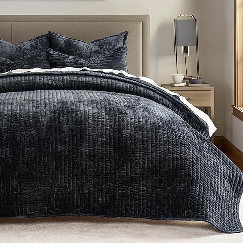 Miniatura 124 de EVERGRACE Velvet Quilt Set King Size, Luxurious Soft Striped Channel Bedding Set, Lightweight Velvet Comforter for All Season, Oversized Bedspread
