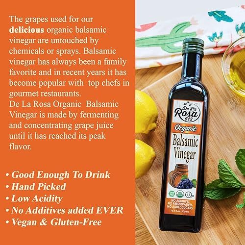Miniatura 3 de De La Rosa Vinagre Balsámico Orgánico, Kosher para Pascua, vegano y sin gluten, aderezo de vinagre balsámico para ensaladas y adobos, 16.9 onzas