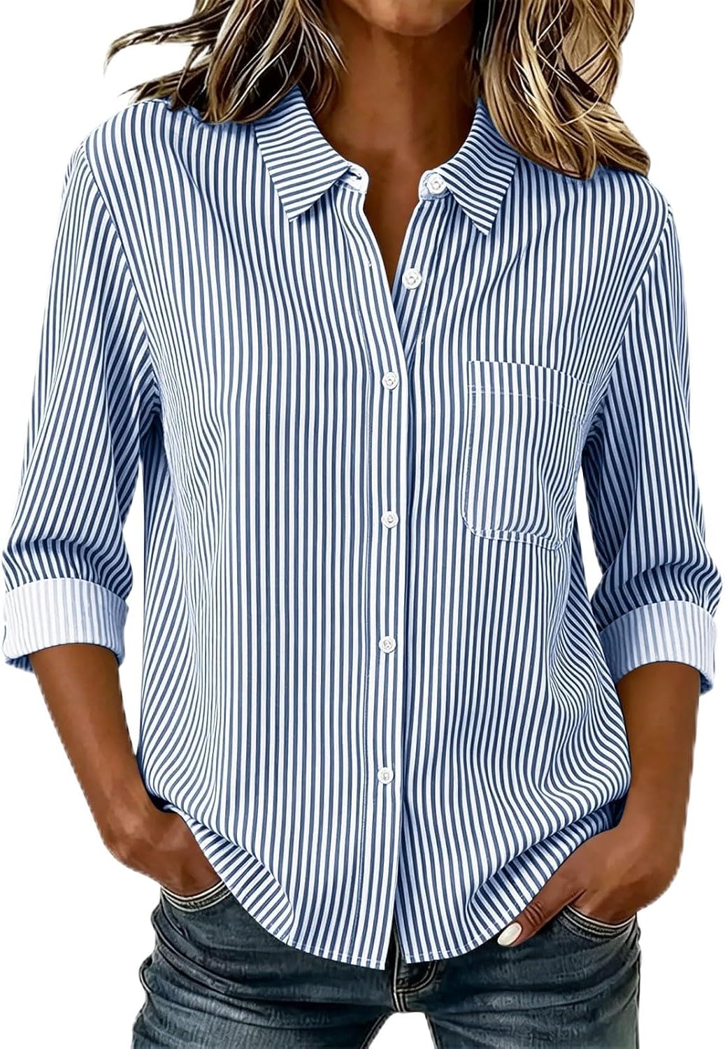 Womens Striped Button Down Shirt Long Sleeve Blouse with Chest Pocket, Casual Collared Loose Fit Tops for Work Office