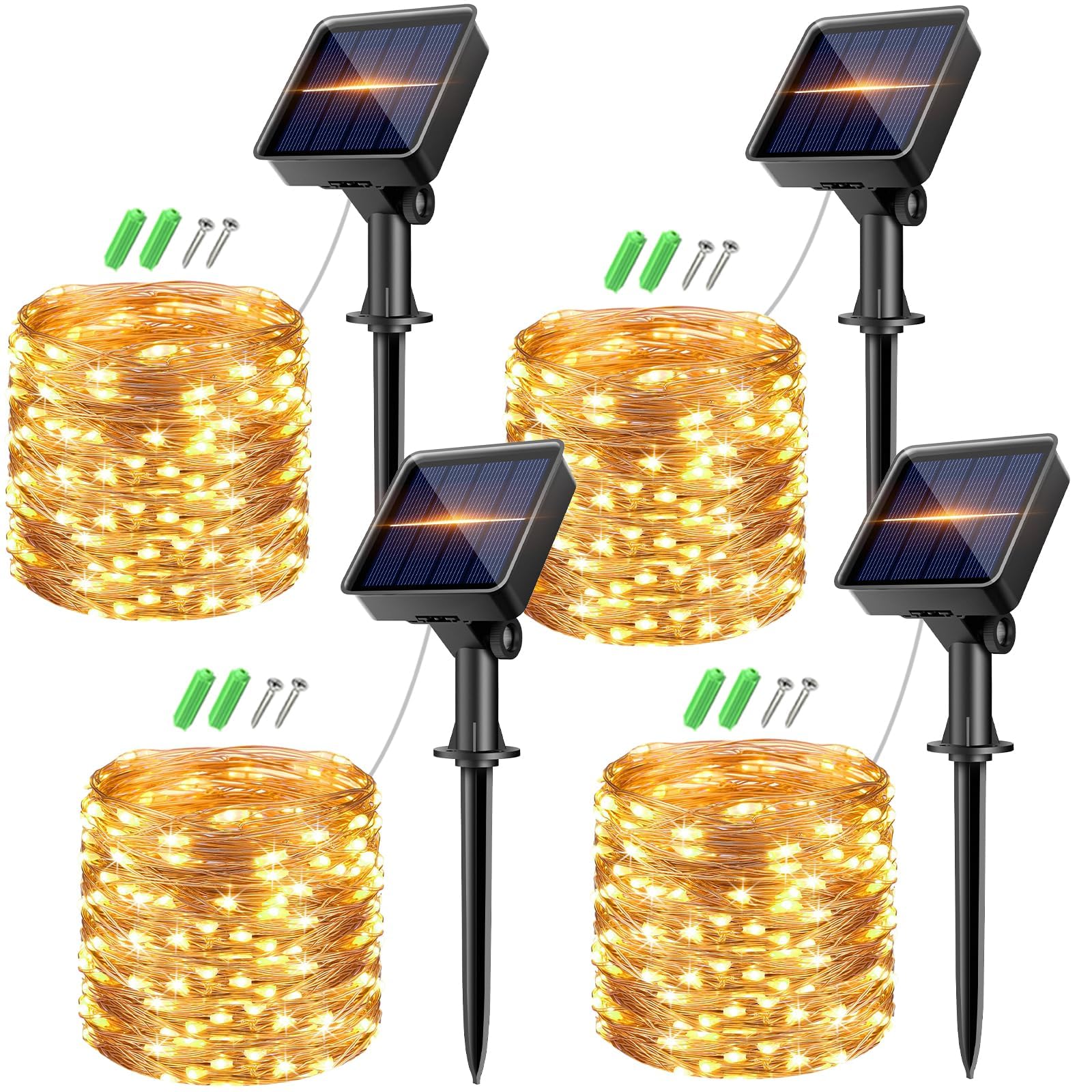 kolpop Solar Lichterkette Aussen, 4 Stück 8 Modi Lichterkette Außen Solar, Solarlichterkette IP65 Wetterfest, Kupferdraht Lichterkette für Garten,Terrasse,Balkon,Hochzeit,Weihnachten Deko, Warmweiß