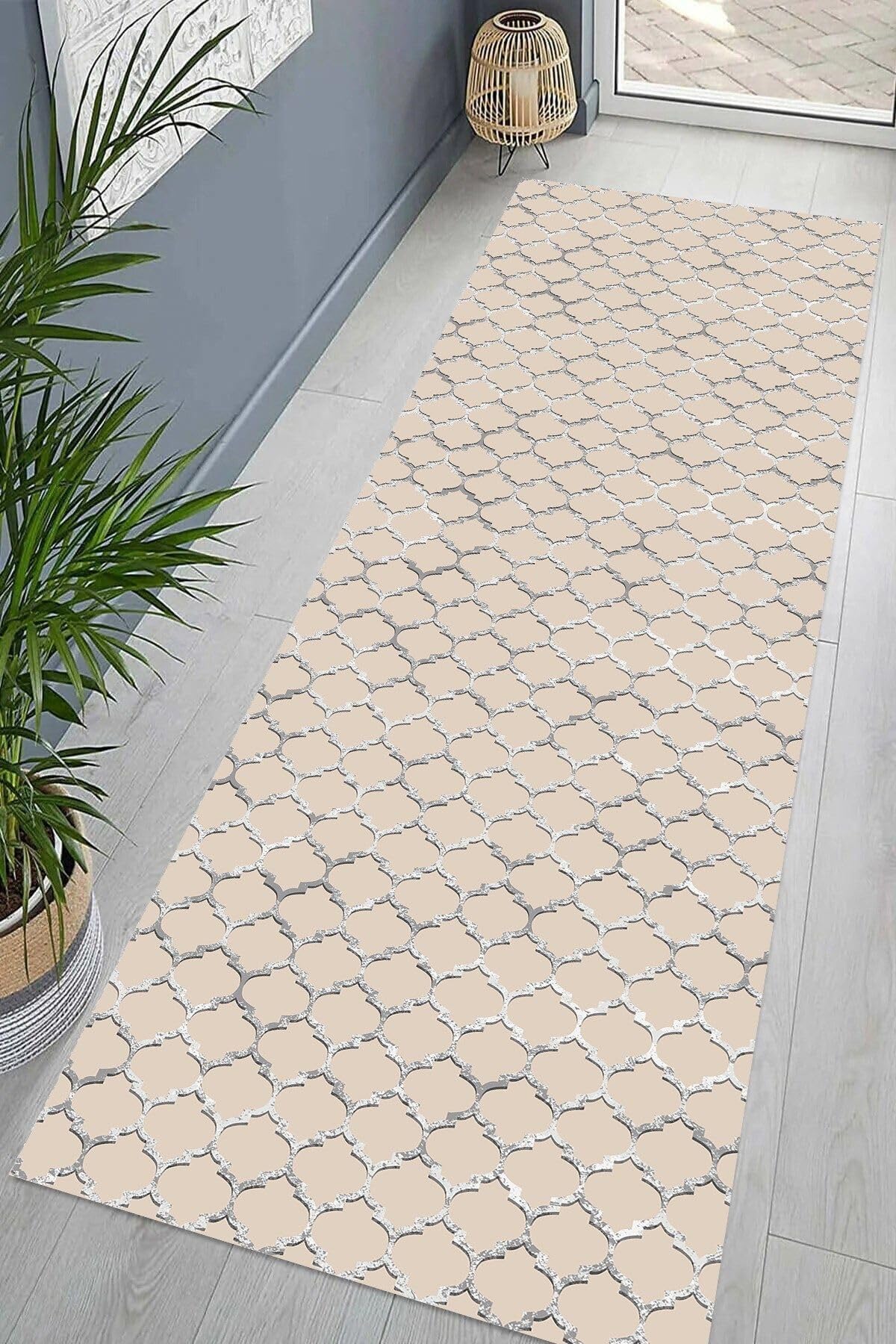 Pelangi Geometrik Desenli Dijital Baskı Yıkanabilir Kaymaz Taban Klasik Salon Halısı, Bej 80 x 350, 9554140803507