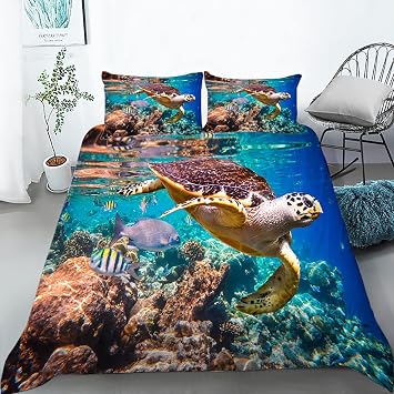 AILONEN Sea Turtle Bedding Set, King Size Ocean Turtle Themed Comforter Cover for Teens Boys and Girls 1 Quilt Cover 2 Pillowcases 3 Piece