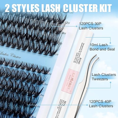 Miniatura 2 de Kit de extensión de pestañas GEMERRY para bricolaje, kit de extensión de pestañas con racimos de pestañas de 0.315 a 0.630 pulgadas, unión de