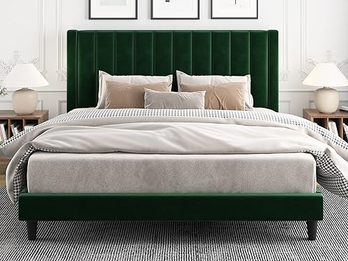 Miniatura 10 de IMUsee Base de cama tapizada de terciopelo tamaño Queen con cabecero, listones de madera fuertes, somier opcional, base de colchón, fácil montaje,