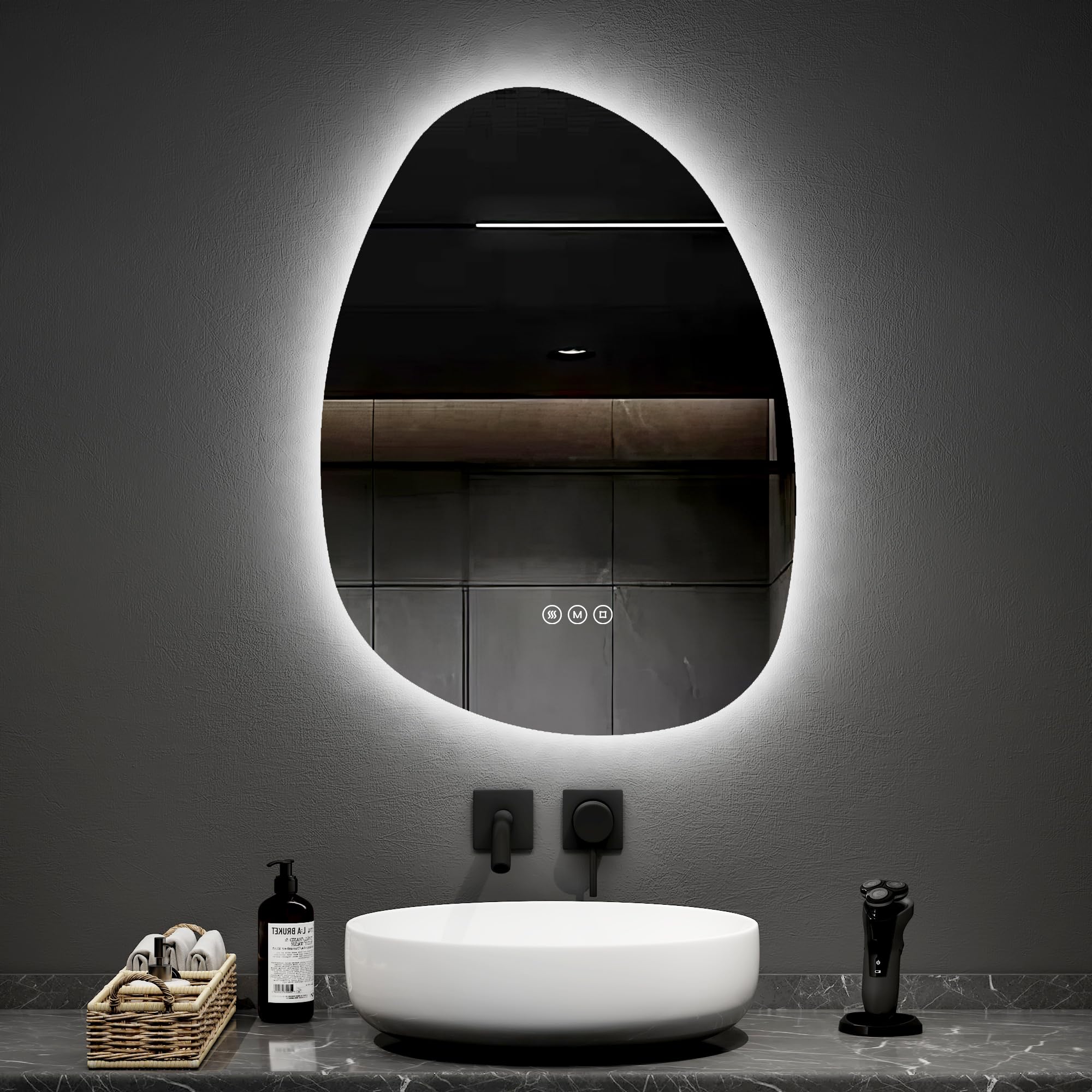 EMKE Specchio da Bagno con Illuminazione Asimmetrica – 65 x 45 cm,Memoria | Anti-Appannamento, Specchios LED, 3 Colori di Luce Regolabili, Interruttore Tattile,Specchi da Bagno