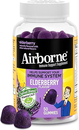 Miniatura 1 de Airborne - Gomitas de baya de saúco  vitaminas y zinc  Airborne 50 unidades en una botella suplemento de apoyo inmunológico sin gluten con vitaminas