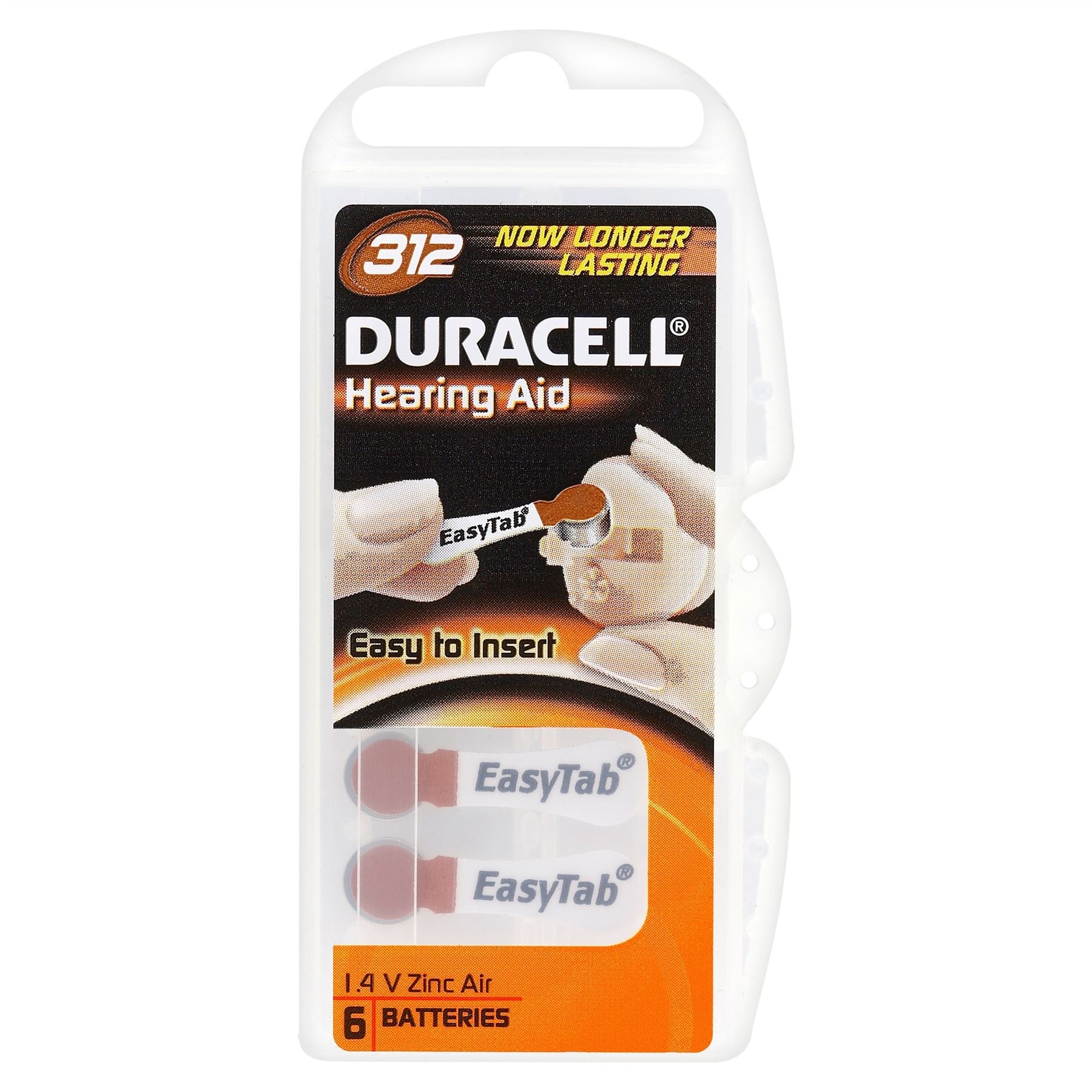 Duracell de Zinc air Appareils auditifs Piles Bouton, 312/A312/PR41, 1.4 V – 6 pièces