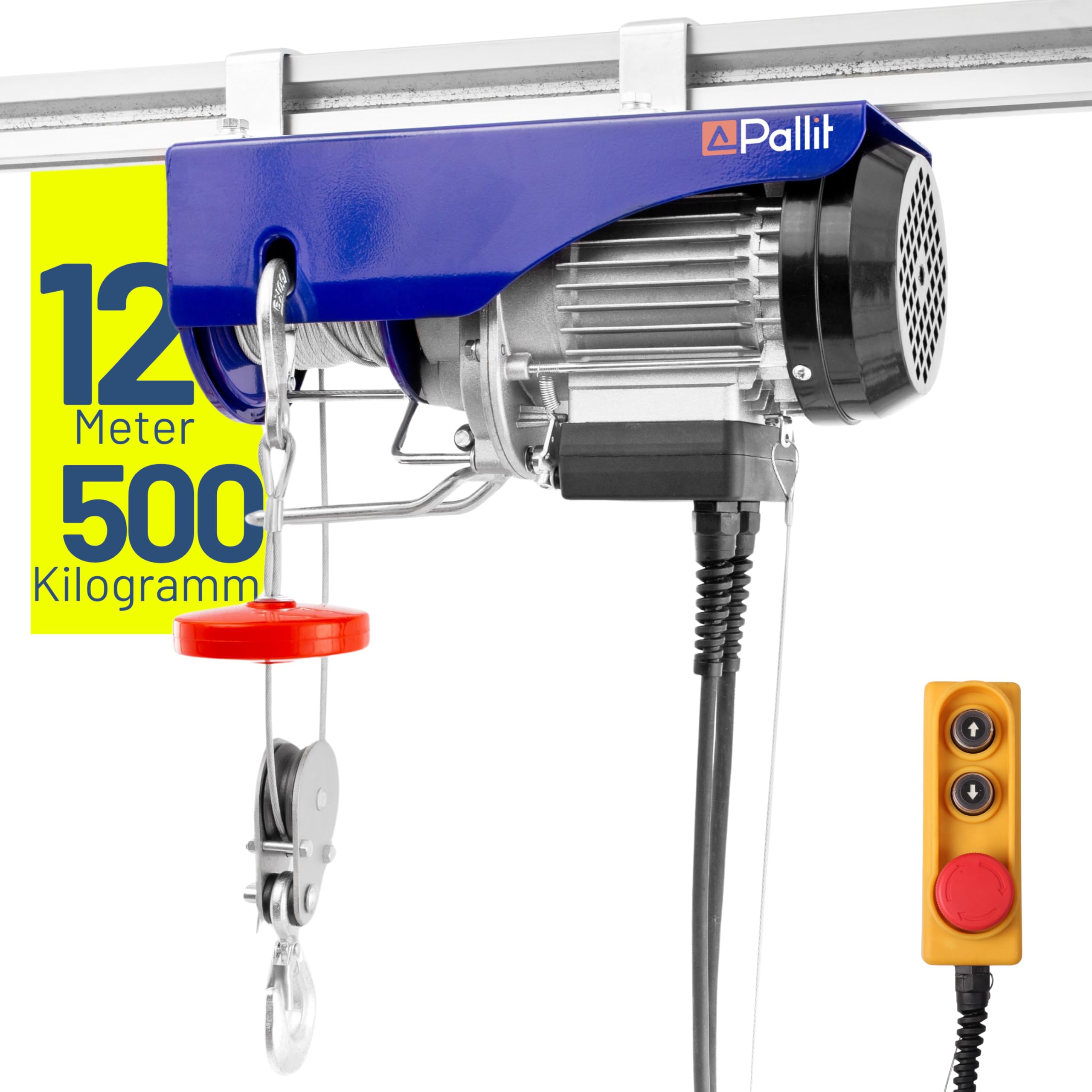 Pallit Seilwinde Elektrisch 230v Tragkraft 250 kg/12 m | 500 kg/6 m (Einzel-/Doppelhaken) inkl. Kabelfernbedieung mit 1,6 m Kabellänge HOIST Seilzug Seilhebezug Kettenzug Flaschenzug