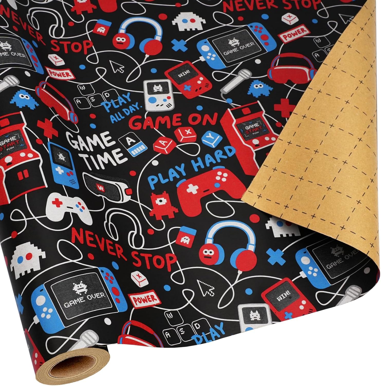 LaRibbons Gaming Wrapping Paper Roll, Video Game Gift Wrap for Boys, Teens & Gamers, Black Gamer Birthday Wrapping Paper with Colorful Controller Arcade Design, Kraft Paper, 17 Inch x 33 Feet