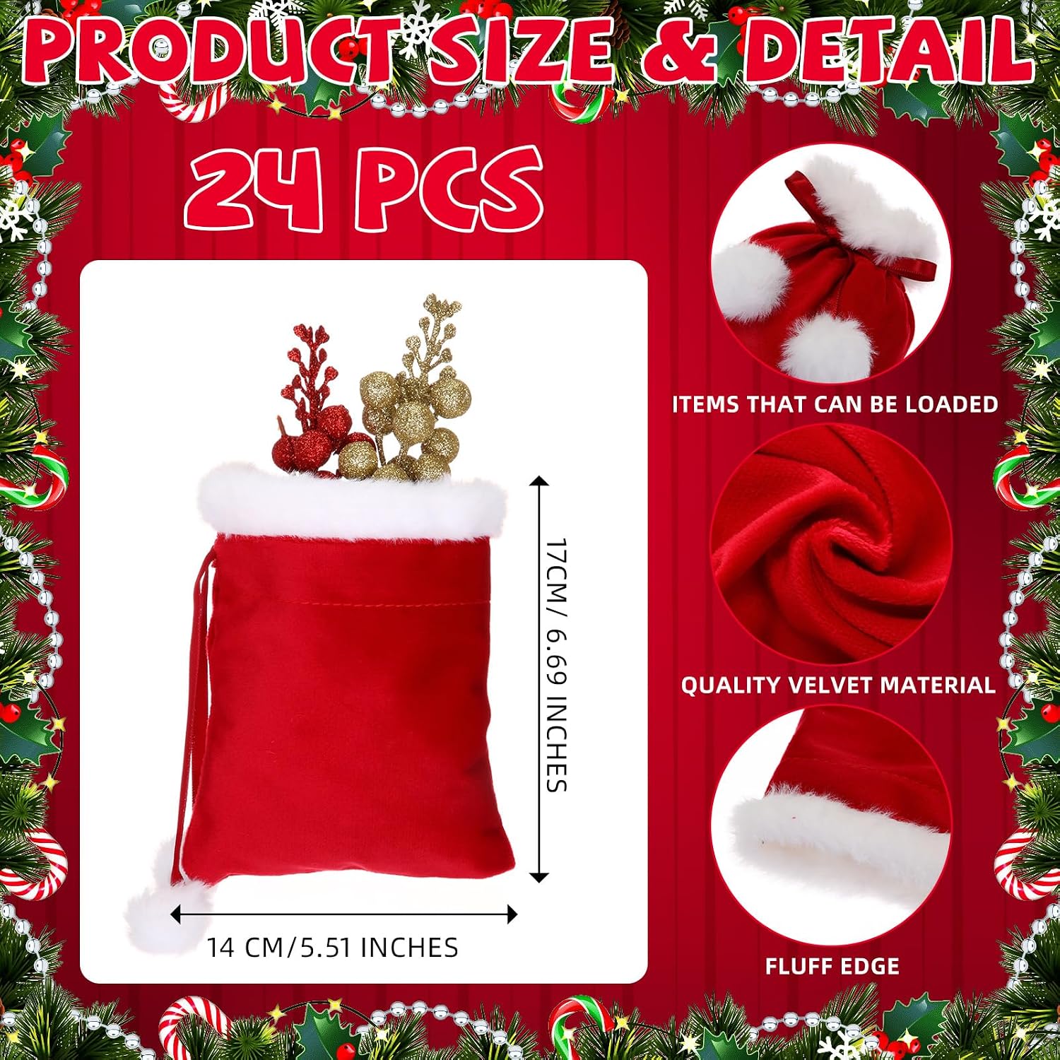 24 Pcs Bulk Christmas Velvet Drawstring Bag with White Poms 6 x 7 Inch Santa Gift Wrap Bags Small Santa Claus Sacks Candy Wrapping Goodie Red Green Gift for Xmas Party