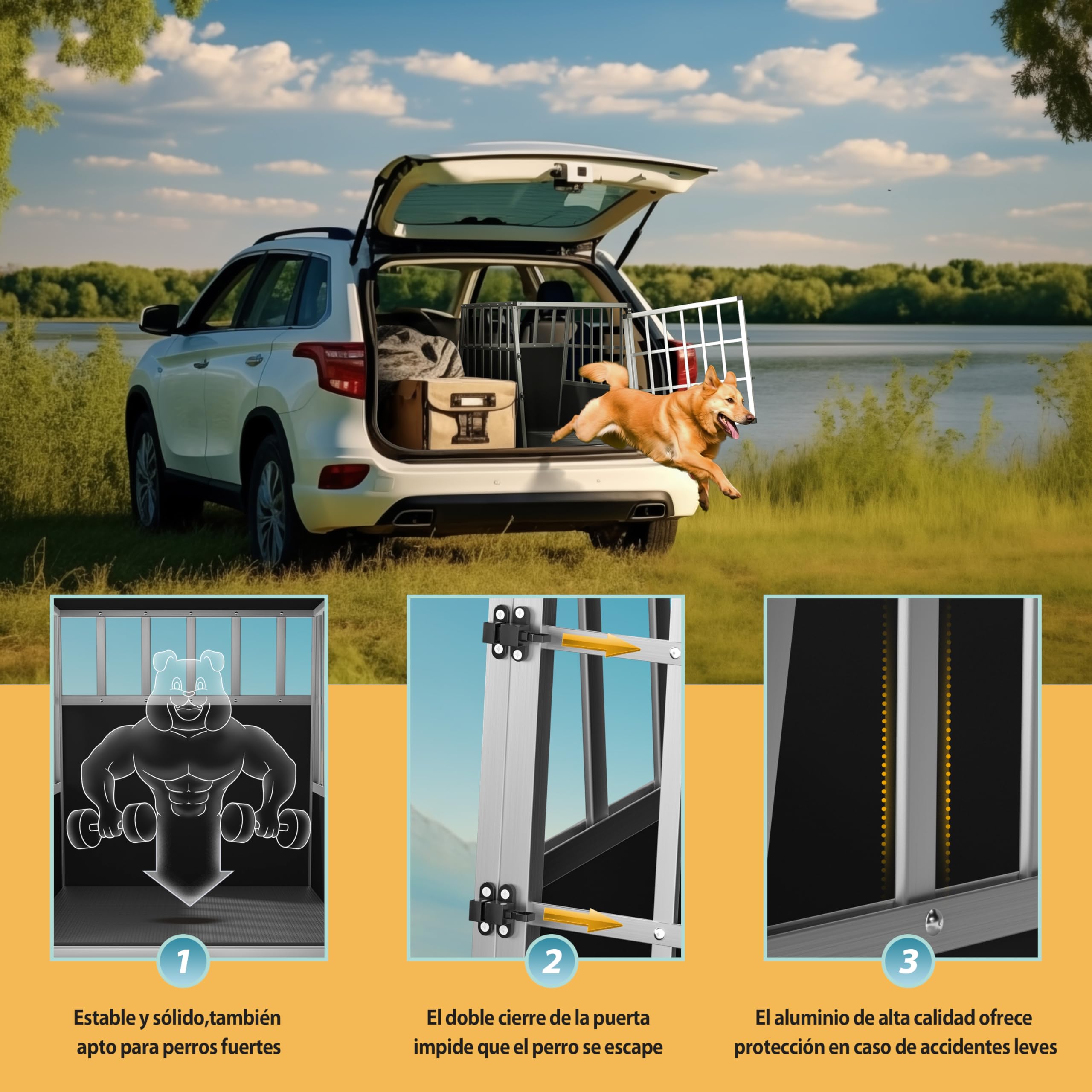 CADOCA Transportín Perro Aluminio 90x66x72cm Jaula Coche Mascotas | Pared Divisoria, Cerradura, MDF, Rejillas Ventilación, Protección Solar, Camping, Coche, Furgoneta, Esquinas Reforzadas