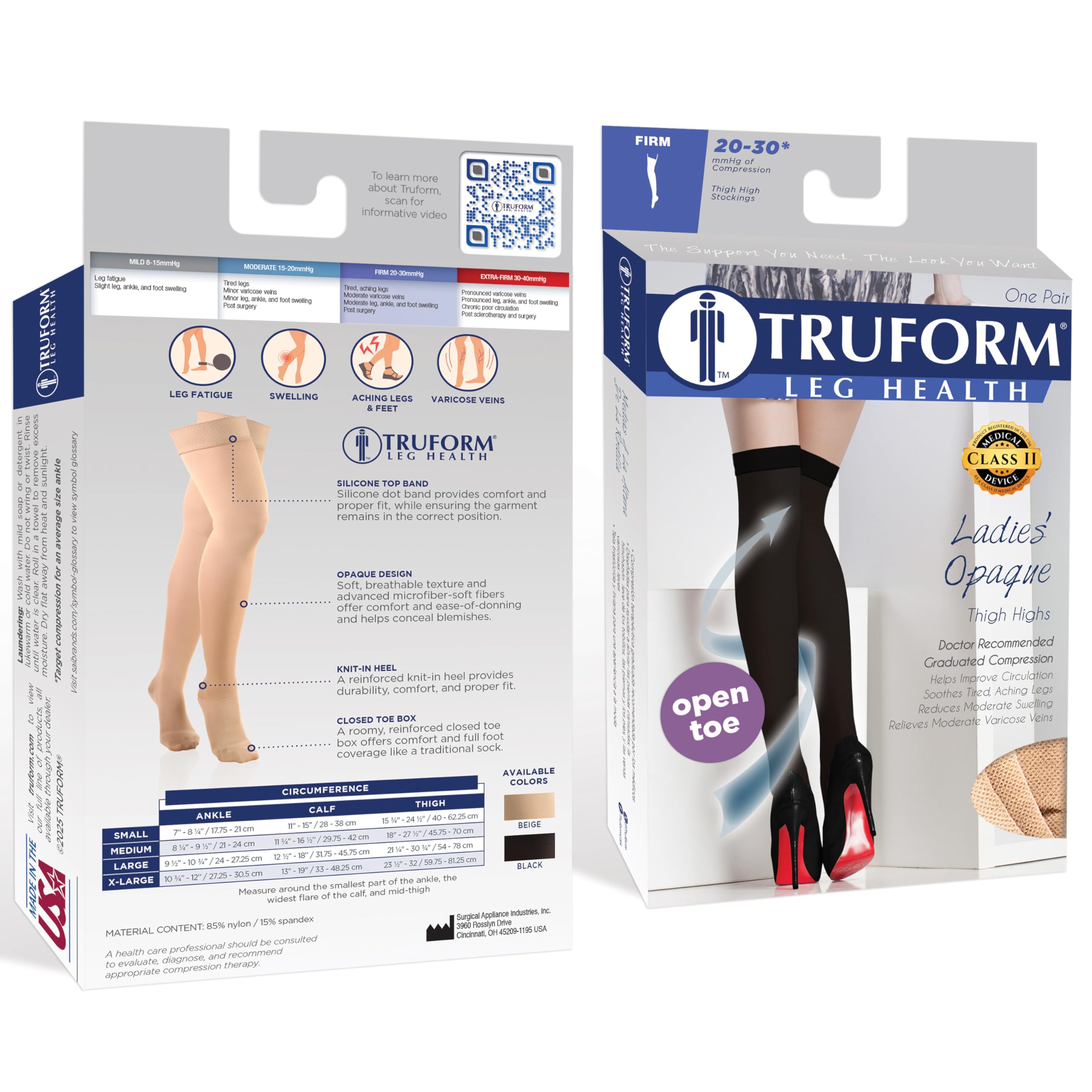 Truform 20 – 30 mmHg medias de compresión de alta del muslo, abierto en los dedos de la mujer, L, Negro, 1