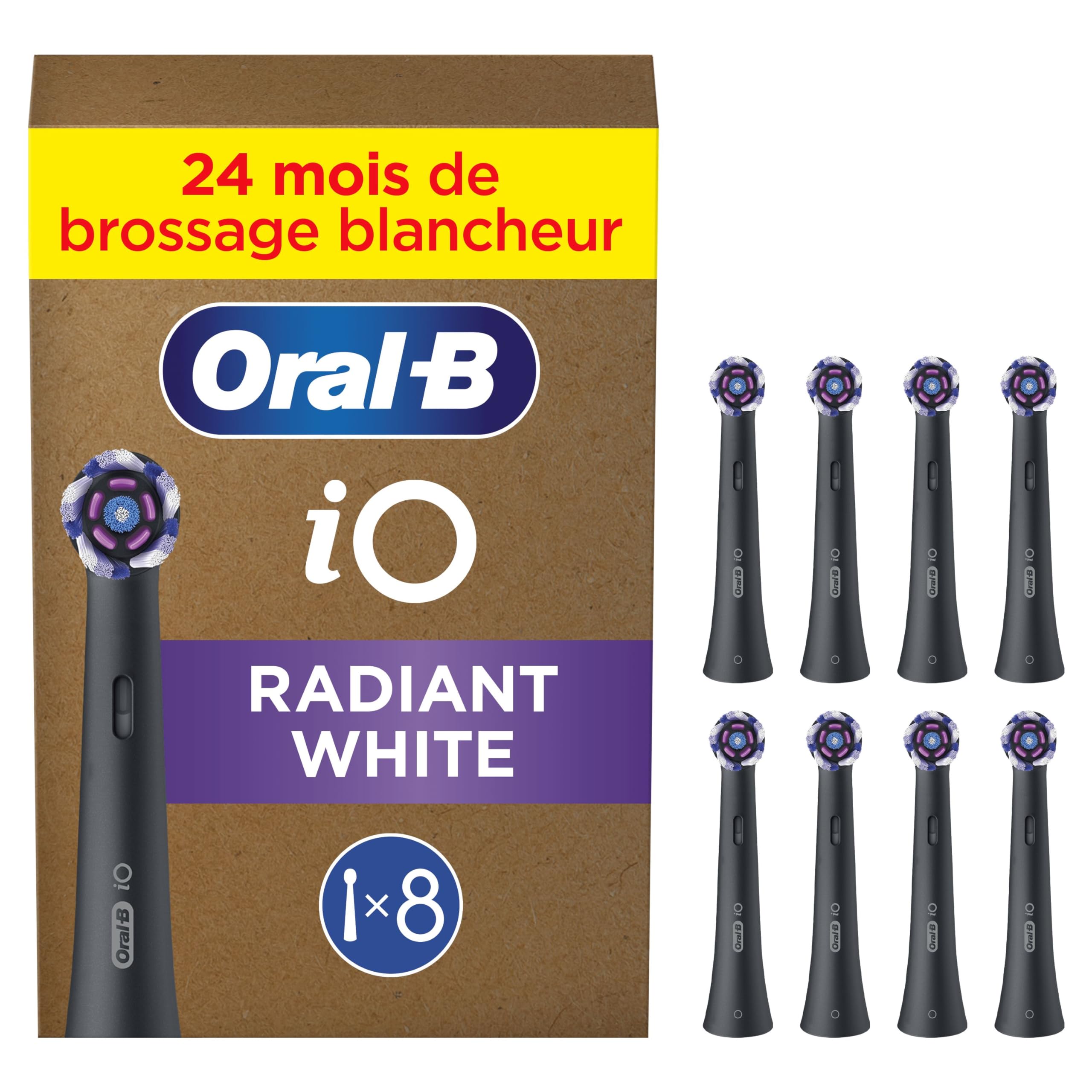 Oral-B Brossettes de Rechange Radiant White, lot de 8, Noires | Recharges Brosse à Dents Électrique iO, pour Adultes, Tête Ronde de Polissage Blanchissant, Emballage en Carton