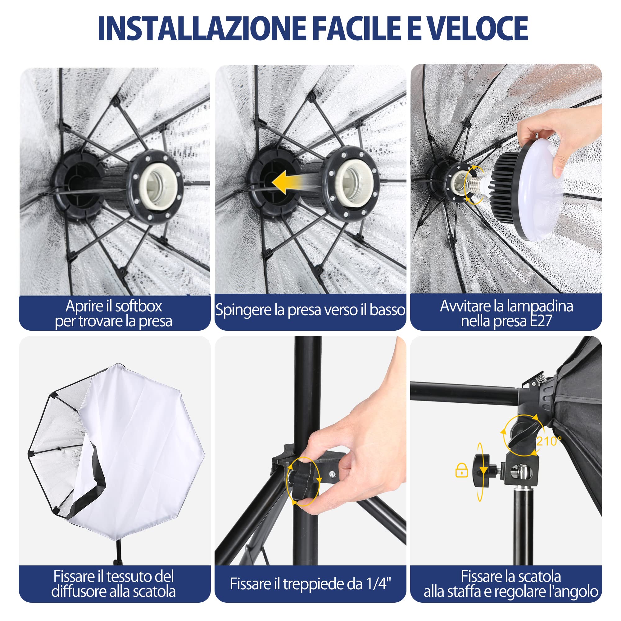 Softbox LED Set Luci per Studio Fotografico Softbox Octagon con 150W E27 Lampadine Dimmerabile 3000~6500K e Supporti Regolabili 2m per Ritratti Foto di Moda Prodotti Video YouTube Live Streaming