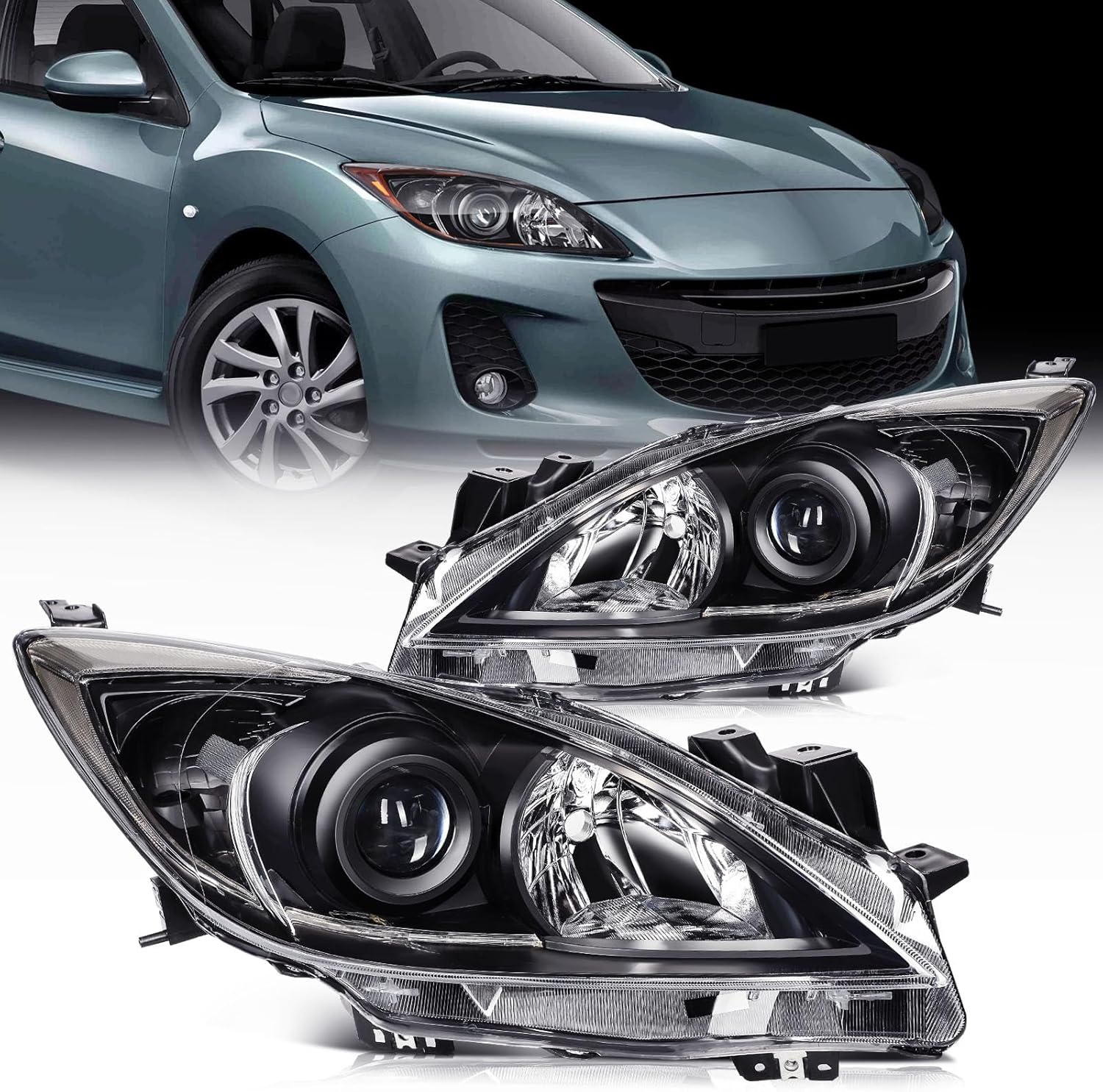 ECCPP Headlight Assembly Fit 2010-2013 for Mazda 3 Black Housing Clear Reflector Driver & Passenger Side Headlight BBM4510L0K
