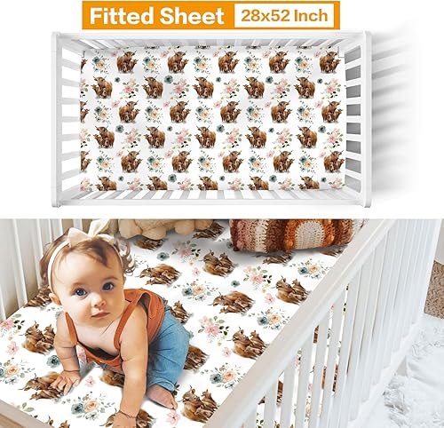 Miniatura 3 de Duckbe Juego de ropa de cama para cuna de bebé, diseño de vaca de las tierras altas, juego de ropa de cama de 3 piezas, manta suave elegante,