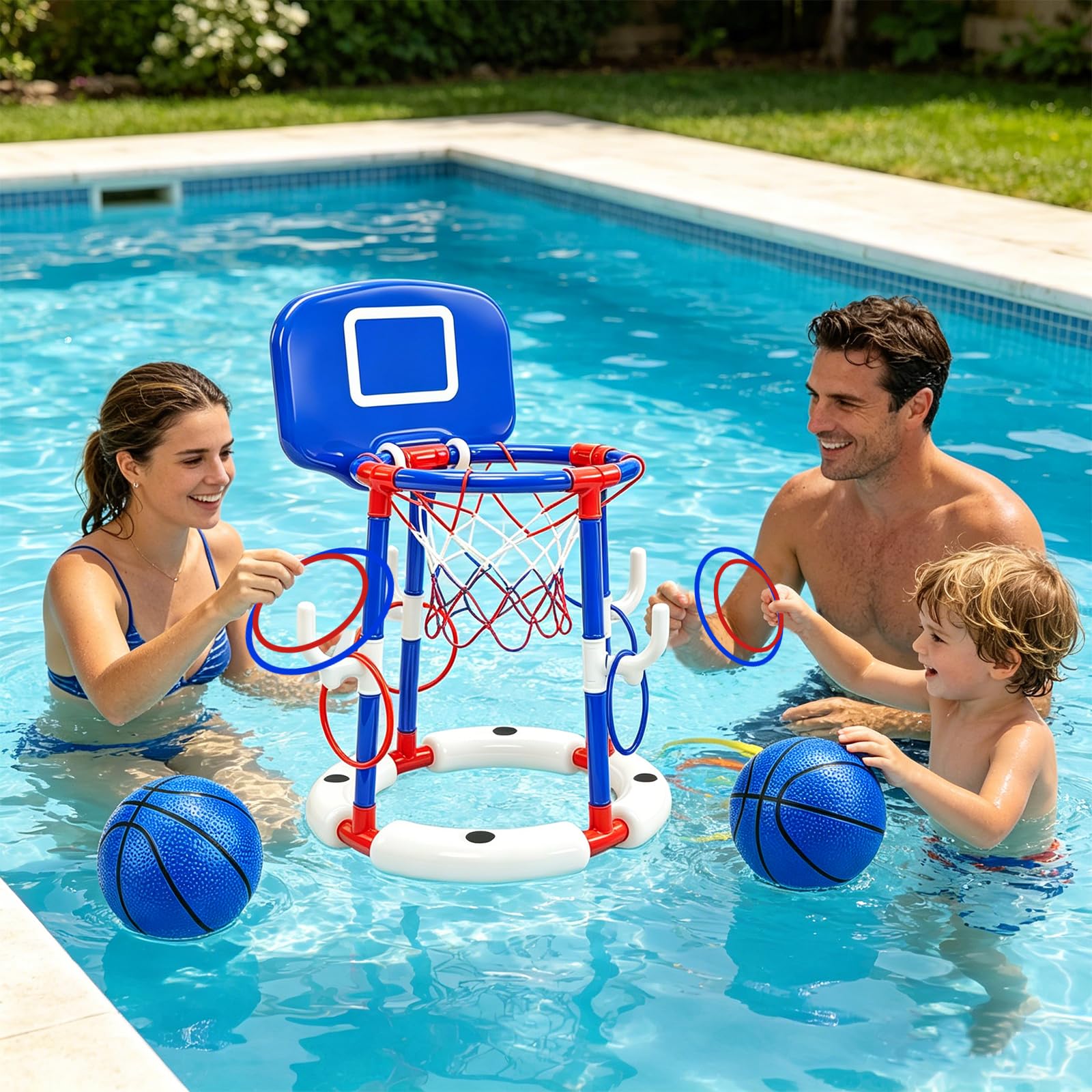 2-in-1 Schwimmender Pool-Basketballkorb und Ringwurfspiel-Set für Kinder und Erwachsene | Schwimmspiel, Wasserspielzeug, Pumpe inklusive, Familienspaß, Sommeraktivität, Indoor Outdoor, Partyspiel