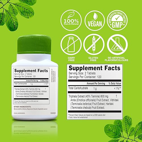 Miniatura 7 de GuruNanda Digestiva Triphala (240 tabletas), apoya la digestión, ayuda con la hinchazón, suplemento dietético con amla, haritaki y bibhitaki