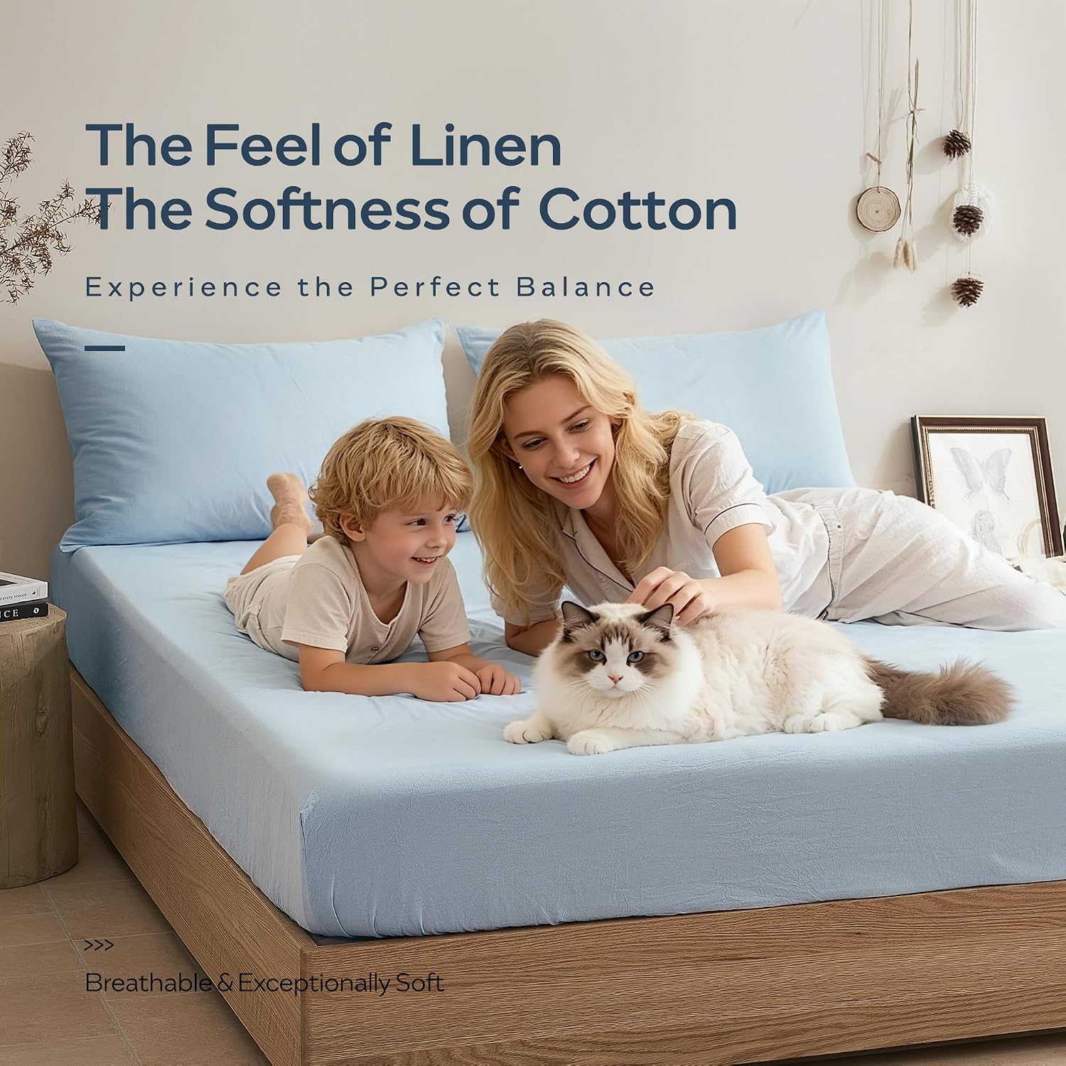 JELLYMONI Fitted Sheet King Cotton Mist Blue 1pc Easy-Fit 16 Inch Deep Pocket Sheet Bedding Sheet Solid 100% Washed Cotton Soft Breathable Durable Fitted Bed Sheet (78”x 80”+16”)