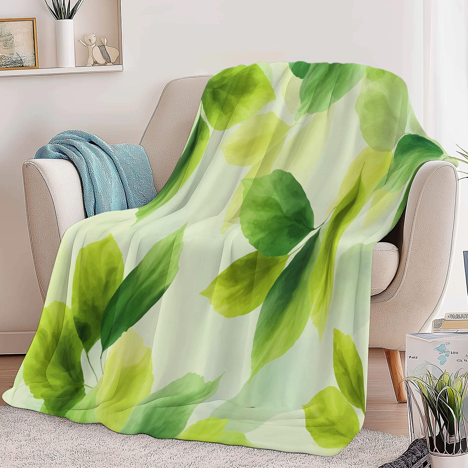 Générique Flanelowy koc akwarelowe zielone liście 180 x 200 cm koc polarowy, narzuta na sofę ciepły i miękki pluszowy zielony narzuta na łóżko na sofę krzesło kempingowe