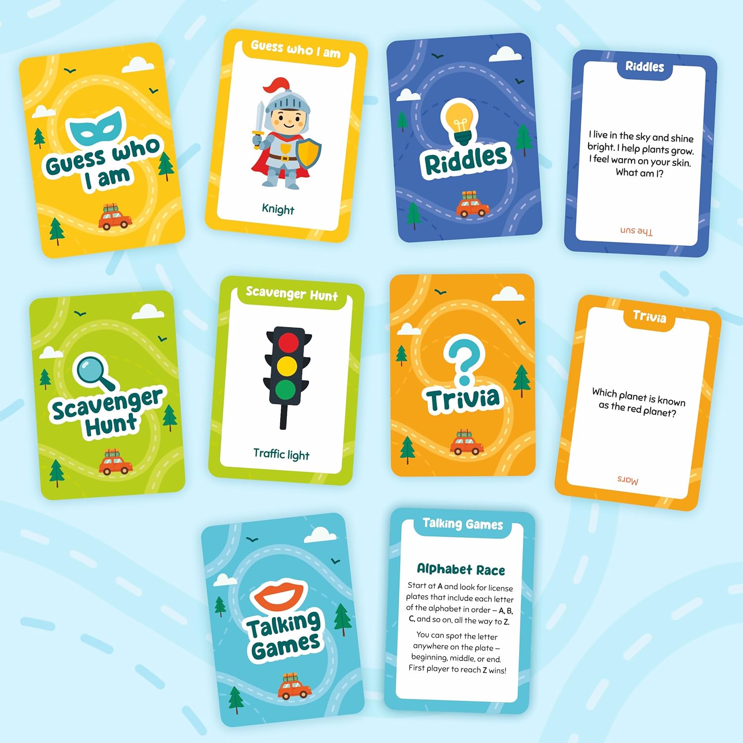 WELL BALANCED 5-in-1 Road Trip Games for Kids Ages 4-8 – Car Games, Riddles, Trivia, Scavenger Hunt – Car Ride Essentials for Screen-Free Fun – Road Trip Activities for Kids - Image 4