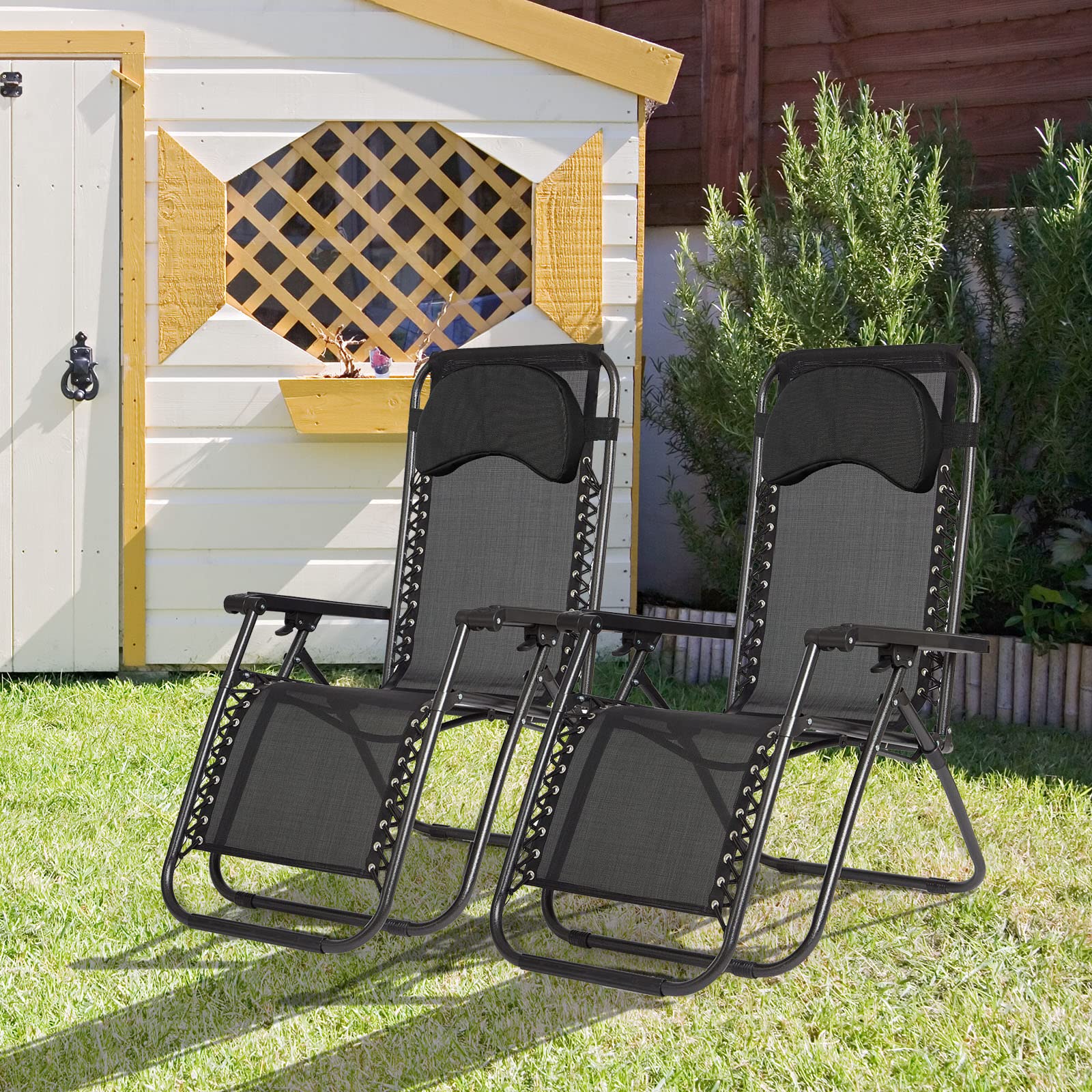 IntimaTe WM Heart Chaise Longues Pliantes de l’Extérieur Lot de 2 Chaise de Jardin Chaise de Camping, Fauteuil Relax Jardin Plein Air, Respirantes et Confortables avec l’Appui têtes, Noir