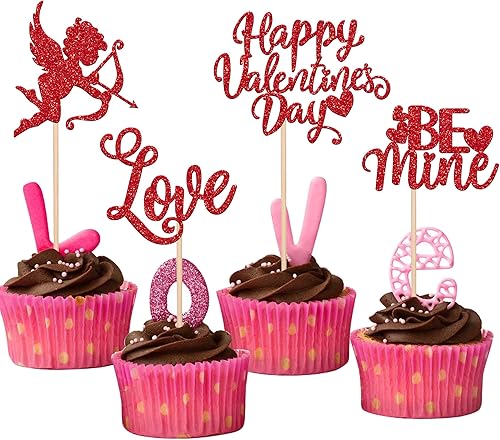Miniatura 137 de Rsstarxi Paquete de 24 adornos rojos para cupcakes para el día de San Valentín con purpurina de corazón dulce para cupcakes, decoración de pasteles