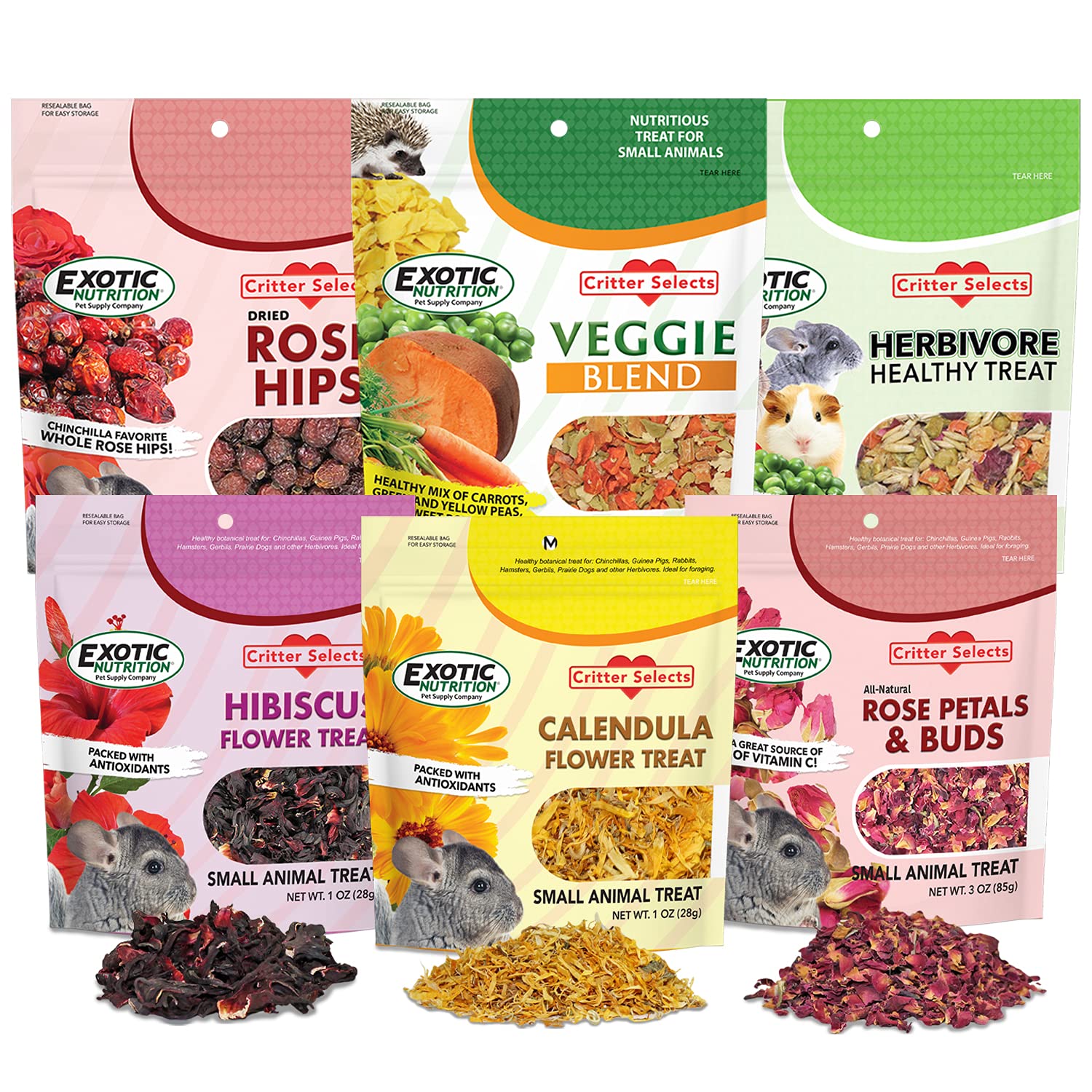 Exotic Nutrition Herbivore Treats 6 Pack - Healthy Assortment Small Animal Pet Treat - Squirrels, Guinea Pigs, Rabbits, Chinchillas, Prairie Dogs,