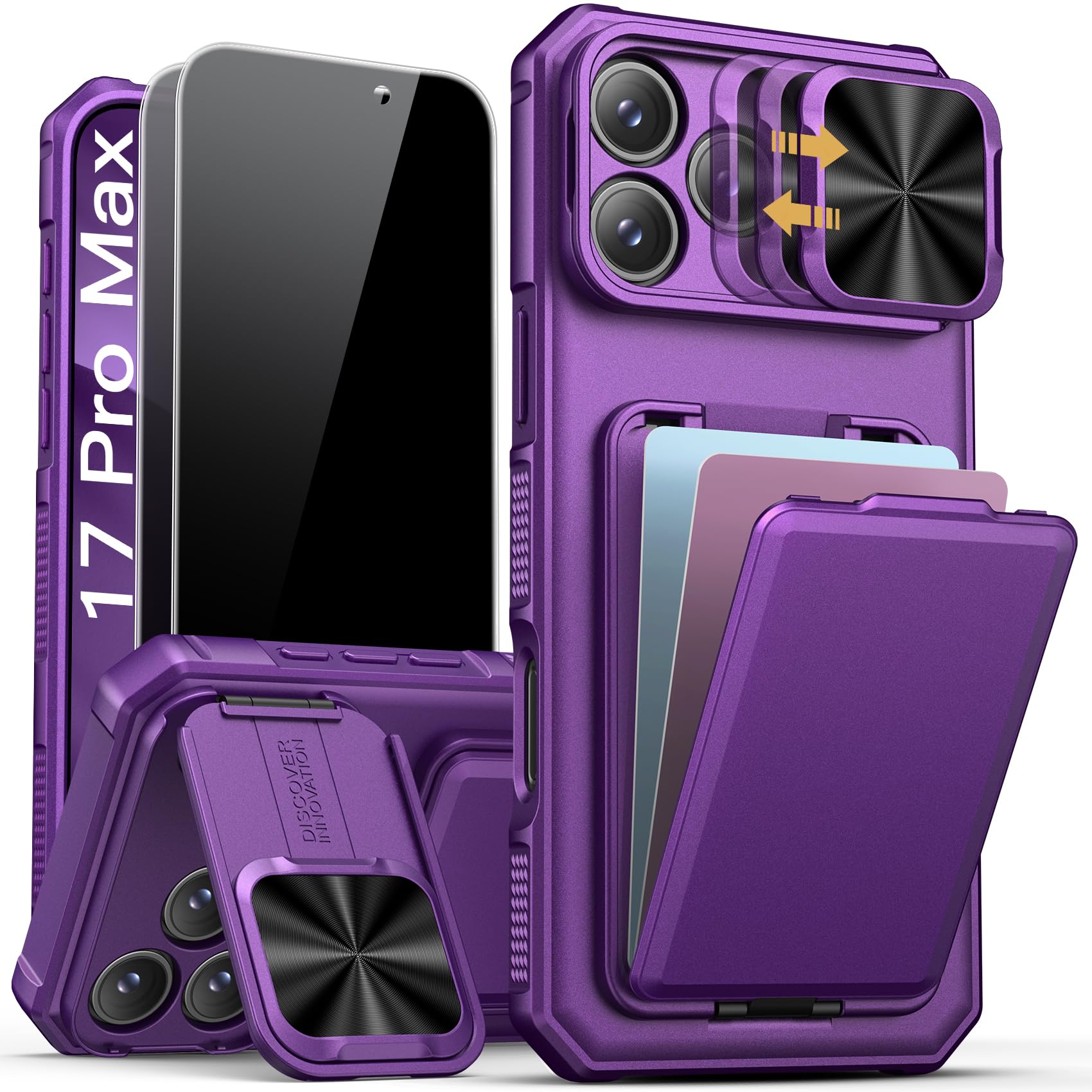 Photo 1 of SSLOTSCASE for iPhone 17 Pro Max Case with 2X Privacy Screen Protector, Card Holder & Camera Cover Stand & Slide Lens Cover, Silicone Edge Durable Protective Case for iPhone 17 Pro Max, Dark Purple