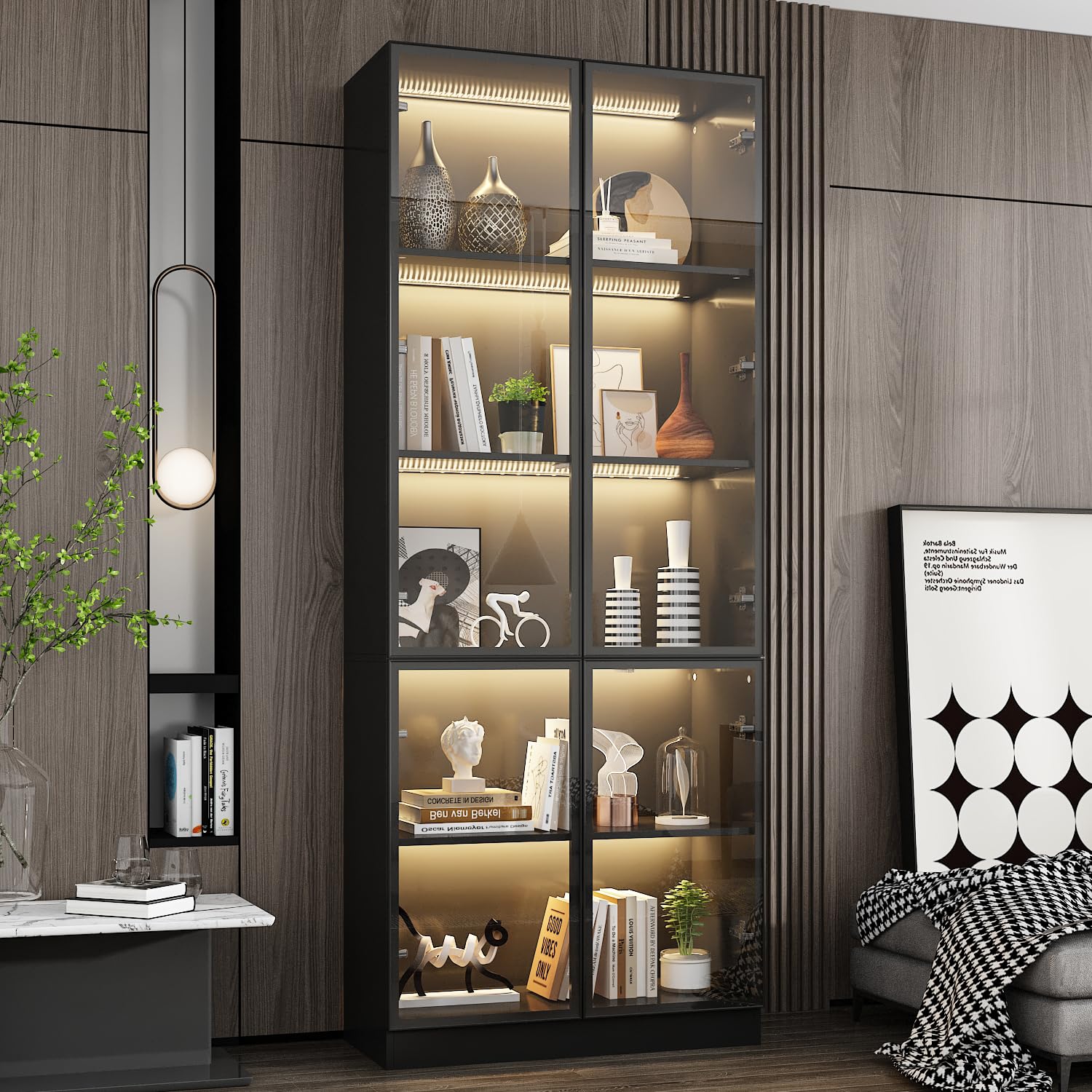 Vitrina de cristal con iluminación, vitrina colectora, vitrina de pie, vitrina de cristal, color negro, 175,5 x 50 x 23 cm, cristal templado + marco de aluminio