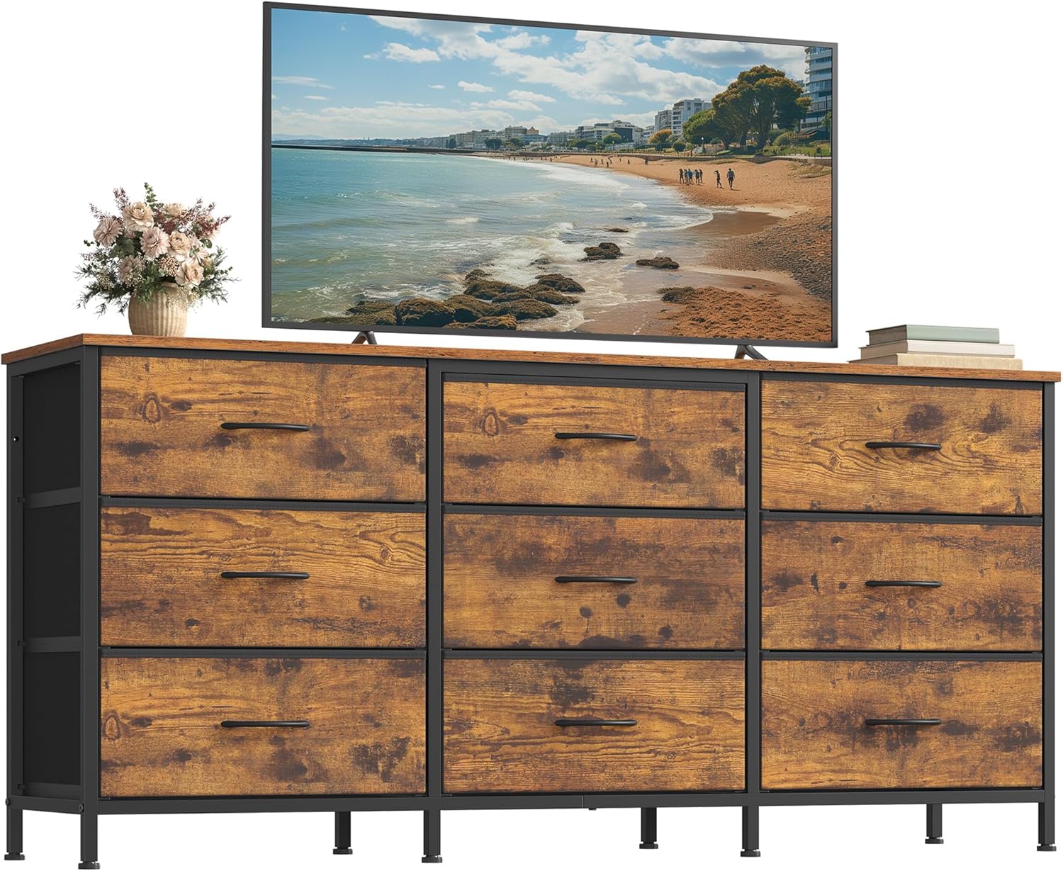 SONGMICS BELLAH Collection - Dresser for Bedroom, TV Stand for TVs Up to 65 Inches, Chest of Drawers for Living Room, Closet, Steel, 9 Drawers, Industrial, Rustic Brown and Ink Black ULGS133KD02S