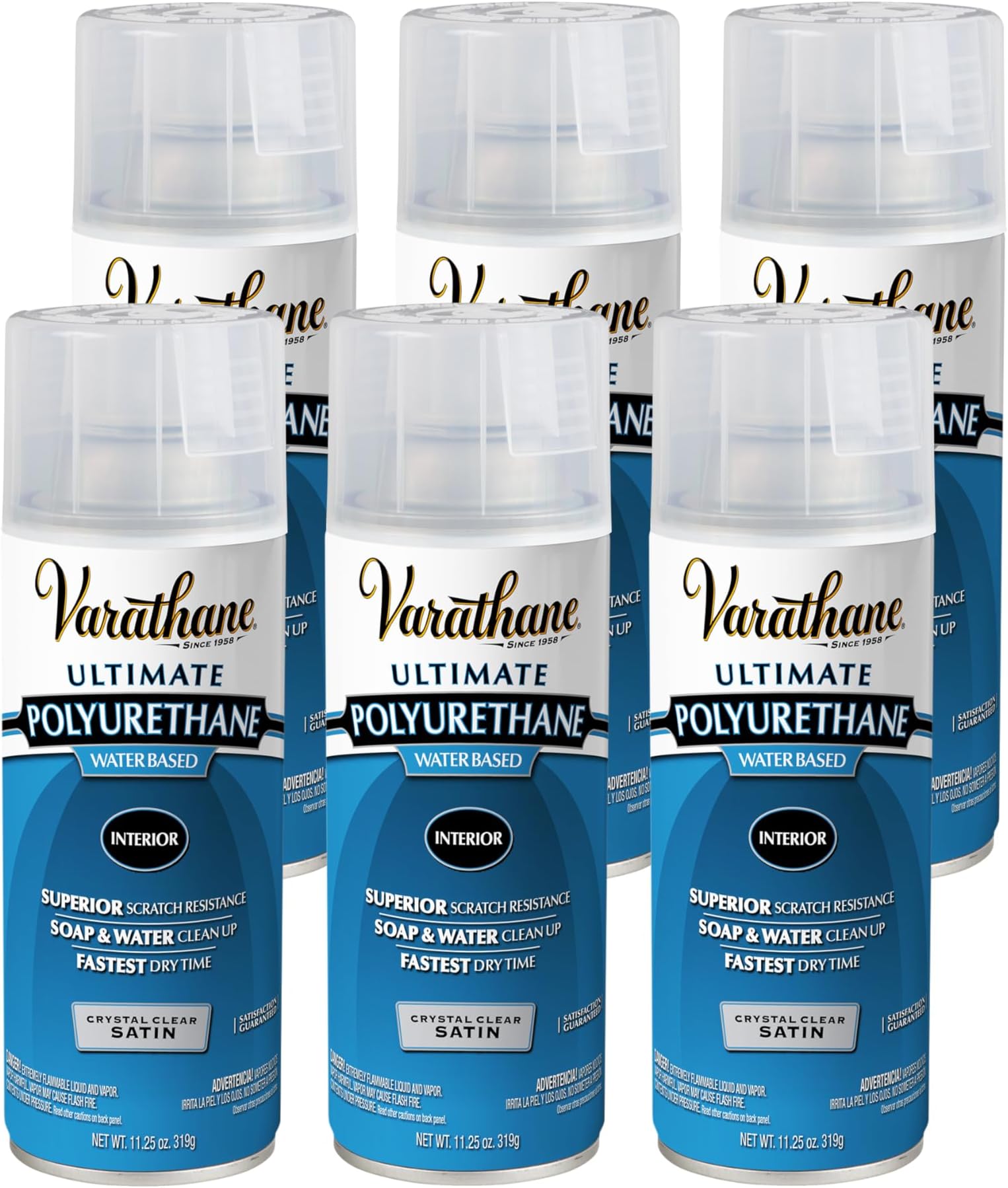 Varathane Water-Based Crystal-Clear Ultimate Polyurethane Spray | Interior Wood Protection | Fast Dry Time | Easy Clean Up | Satin | 11.25 oz | 6 Pack