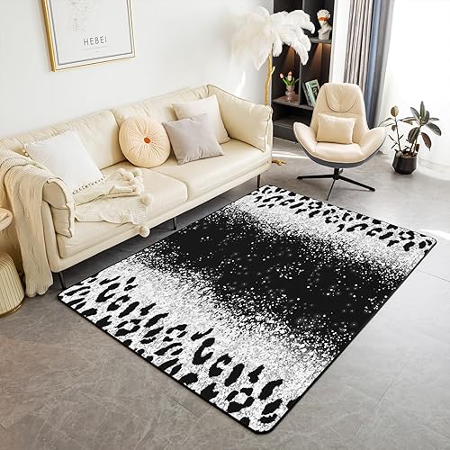 Alfombras de leopardo plateado con purpurina para sala de estar y dormitorio, alfombra decorativa brillante antideslizante de 5 x 7 pulgadas color