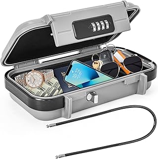 OUUTMEE Tragbare Tresor mit Zahlenschloss Strandsafe 24 x 14 x 5,8 cm Strandtresor zum Anketten,Geeignet für Reisen, Strandaktivitäten (Grau)