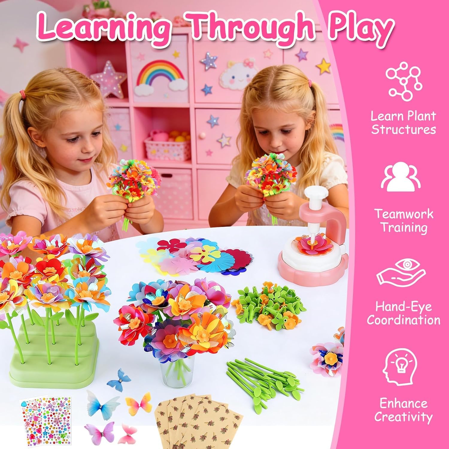 TOSUTO Kit Fabrication de Fleurs Tissu, Création Bouquet Fleurs, Jeux Educatif Enfant 3+ Ans - Rose