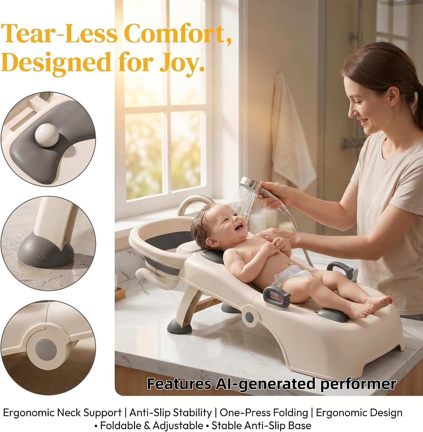 Portable Foldable Kids Hair Washing Station, Shampoo Bowl & Sink for Home Use, 4-Level Adjustable Neck Support Toddler Shampoo Buddy, Foldable Hair Washing Basin for Children 0-16 Years Old