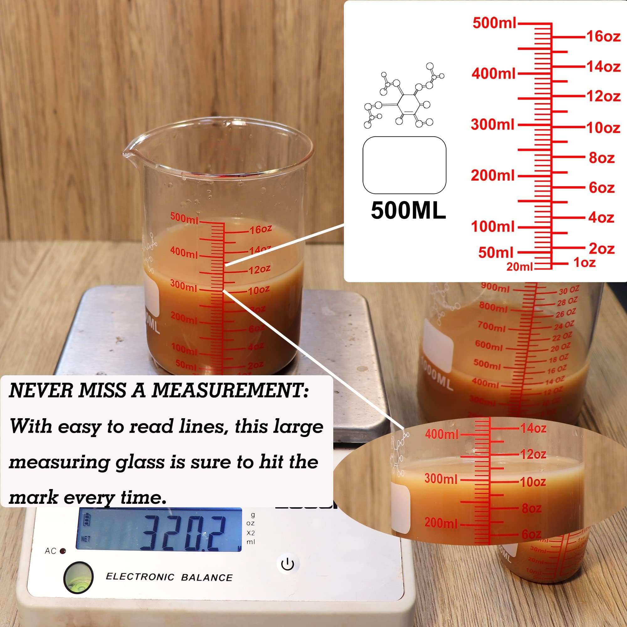 3 tazas medidoras de líquido de vidrio de borosilicato alto, incluye 150 ml, 250 ml y 500 ml, apto para lavavajillas, congelador, microondas y horno precalentado, herramientas esenciales de cocina