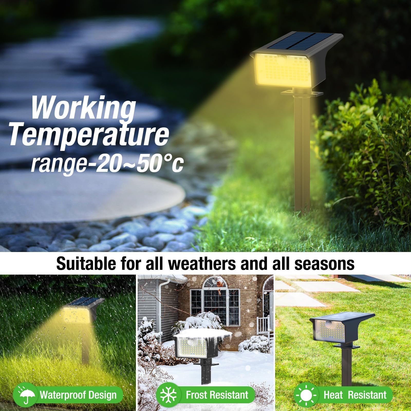 nipify 62LED-3 Modes Faretti Solari a LED da Esterno con Sensore di Movimento, 4 Pezzi Luci Lampade Solari da Giardino Potenti, IP65 Impermeabile Lampada Solare per Cortile, Vialetto, Bianco Caldo
