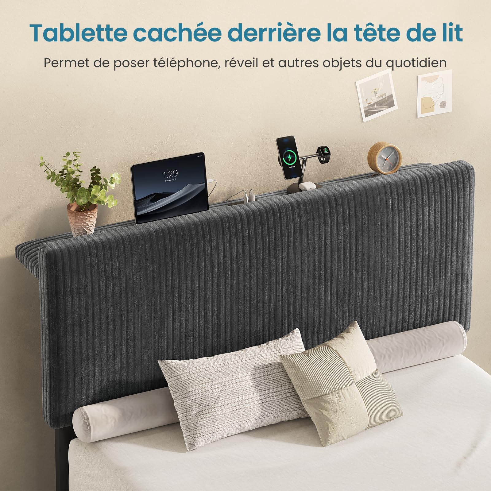 KIMENICH Lit Coffre 90X190 cm, Lit avec Rangement & Hydraulique,Lit Coffre avec tête de lit Réglable en Hauteur,Lits Coffre avec éclairage LED & Station de Recharge,Velours rayé,Gris