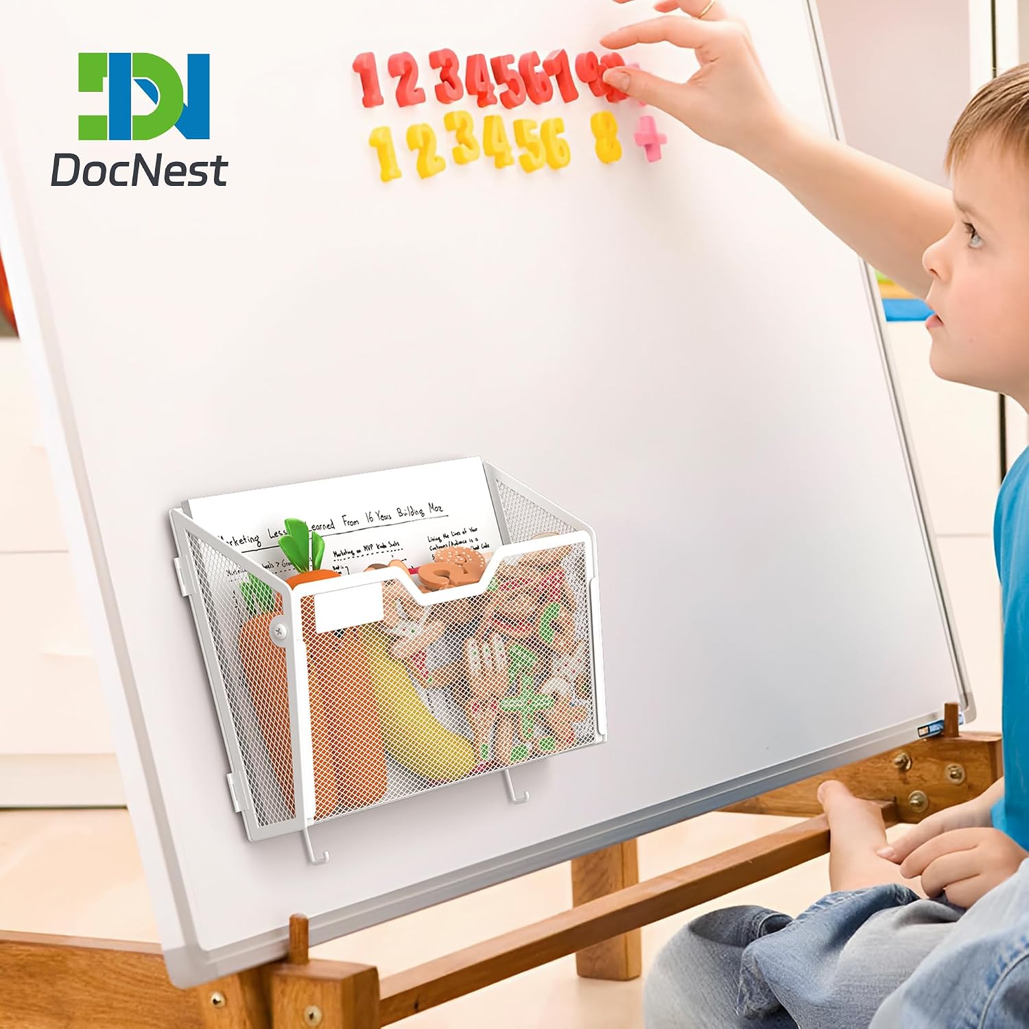 Docnest 3 Pack Magnetic Wall Mounted File Holders,Mesh Letter Organizer with Hooks, Magnetic Hanging Mail Paper Document Organizer for Office, Home, School, White