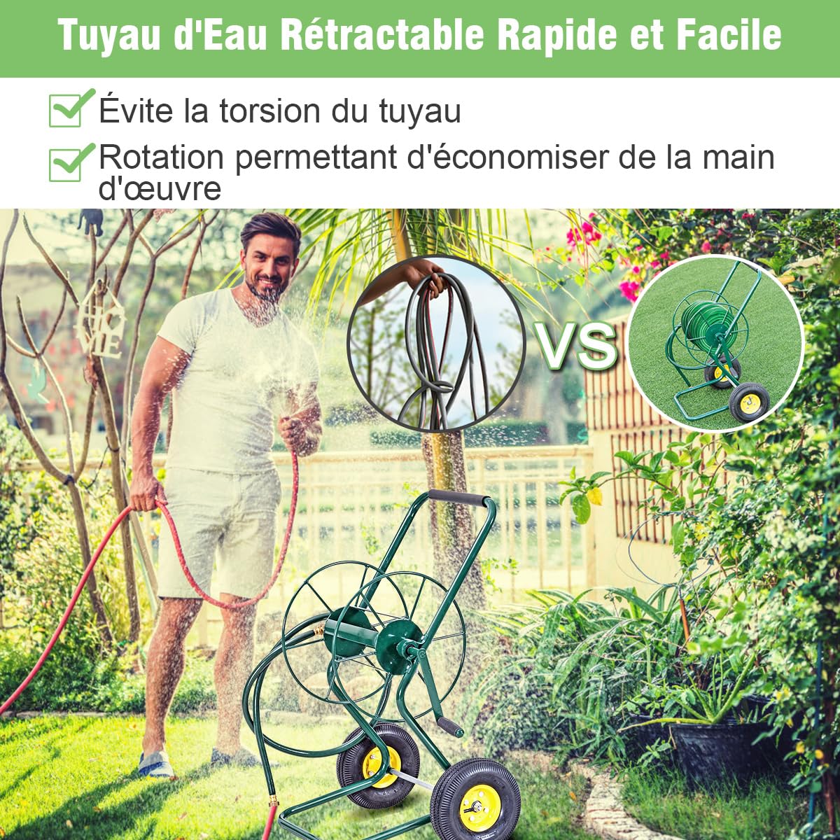 COSTWAY Chariot Enrouleur de Tuyau de Jardin avec 2 Roues Pneumatiques, Contenant 61M de Tuyau de 1,9 CM, Support de Stockage de Tuyau d'eau pour Plantation Jardinage, Vert