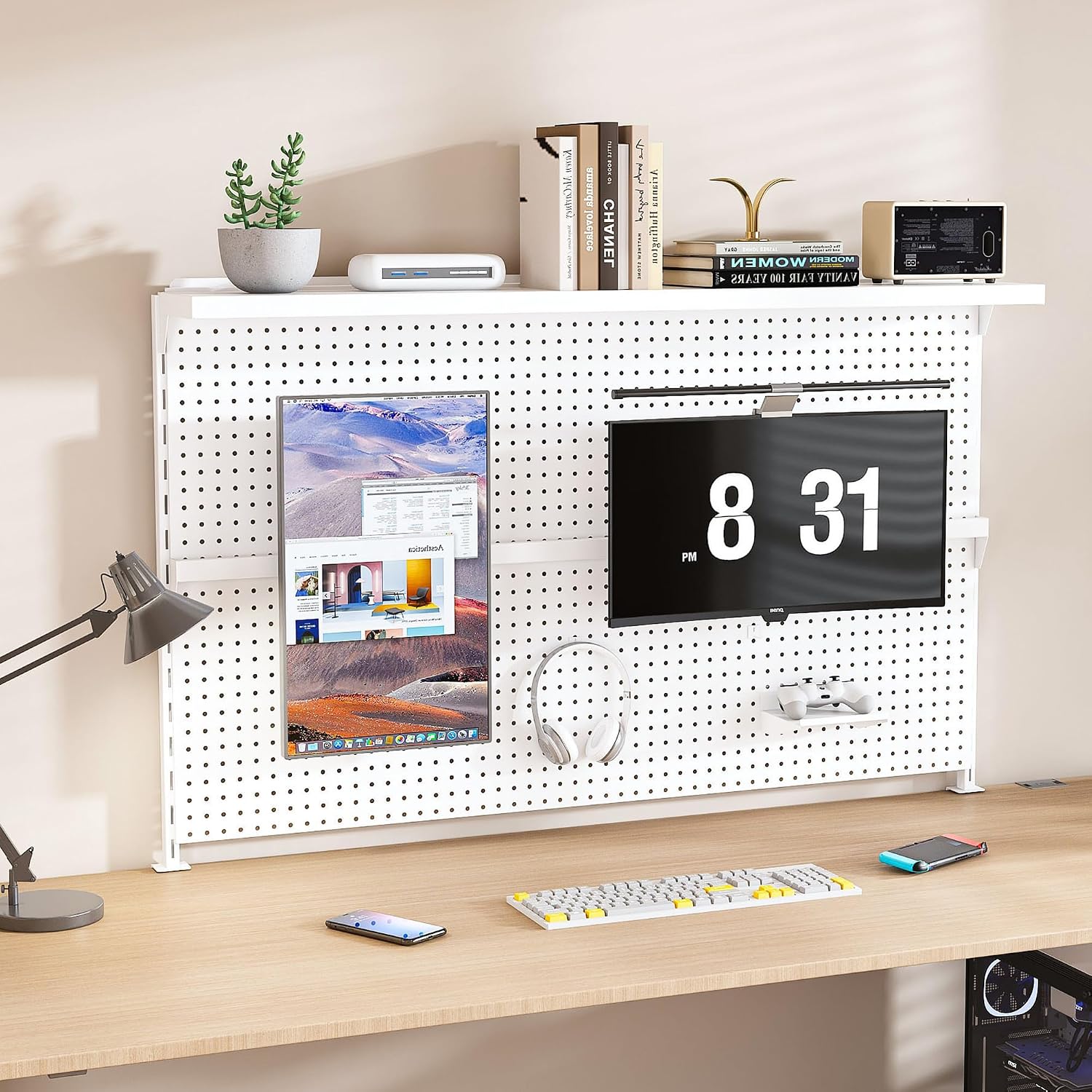 Clamp-On Metal Desk Pegboard with Dual Monitor Stand–No Drilling Needed! 59x35 Inch Steel Privacy Panel with Hooks & Movable Partition, Peg Board Wall Organizer for Gaming & Office
