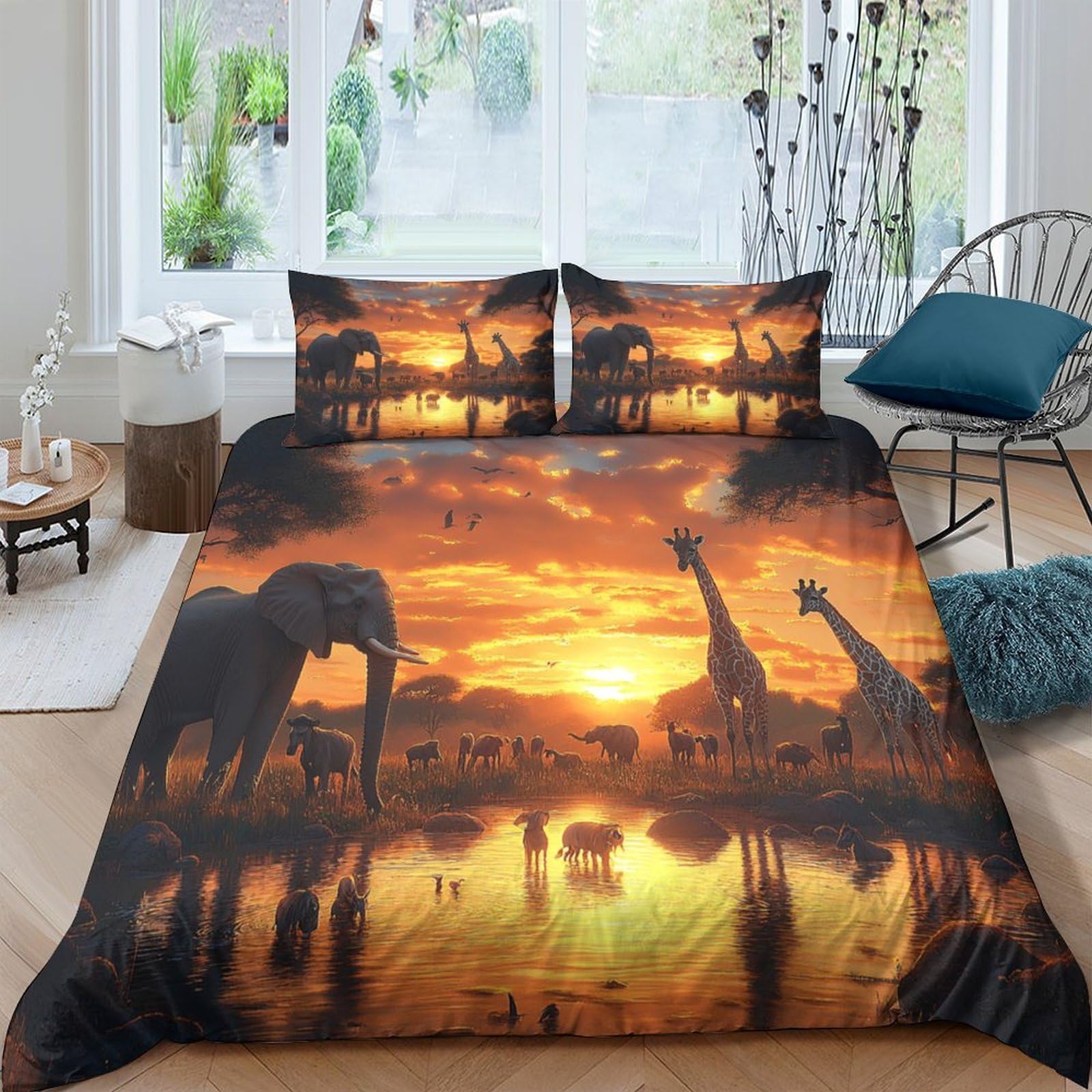 Ctjqhvkz Style-8 3D Printed African Sunset Fitted Sheet Microfiber Soft Elephant Safari Bed Cover For Bedroom Guest Room Decor Single（135X200cm）