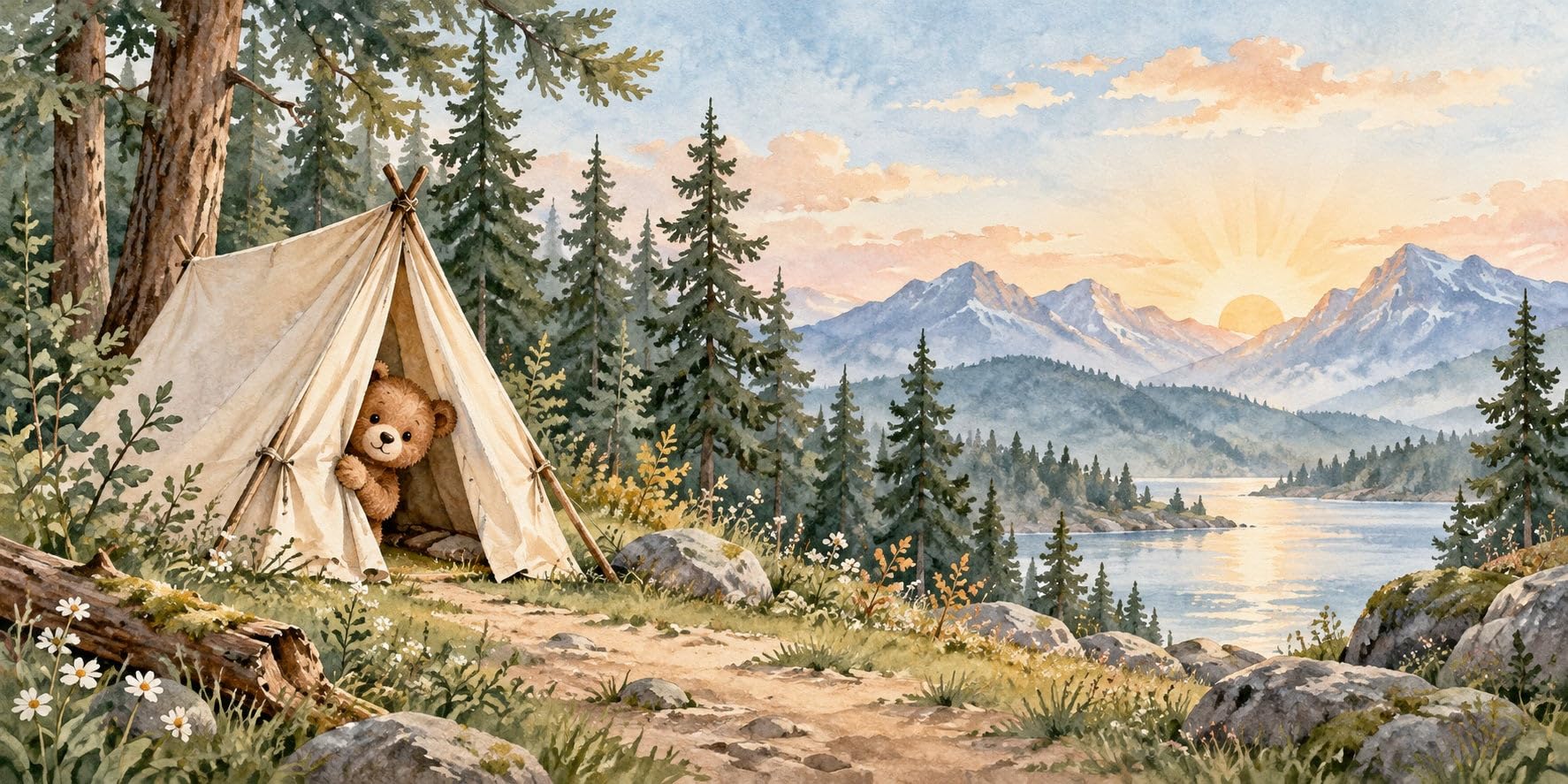 MOOGCO Bär Zelt Sonnenaufgang Fototapete, selbstklebende Wandtapete fürs Kinderzimmer, Aquarell Camping Tapete fürs Babyzimmer, 160 x 100 in