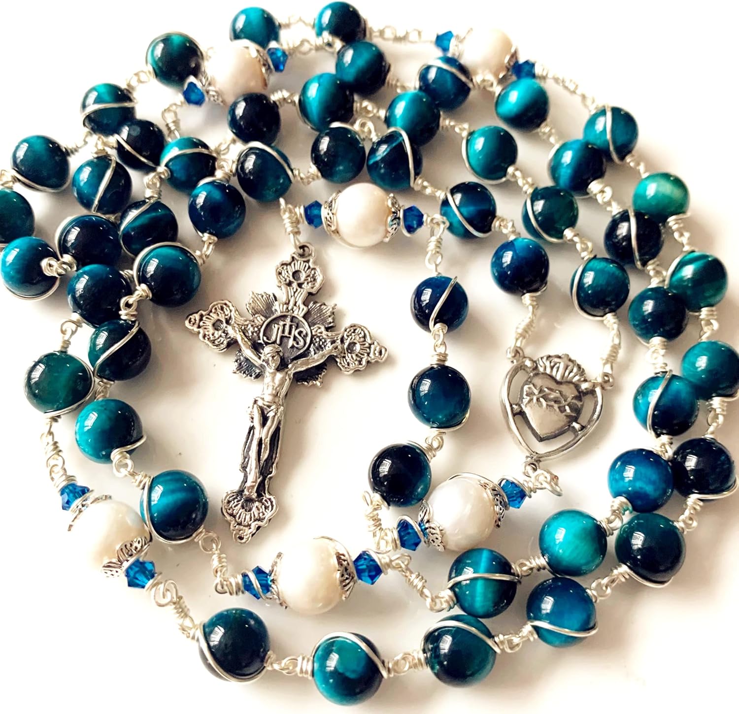 elegantmedical HANDMADE Sterling Silver Wire Wrapped Blue Tiger Eye Beads & Real Pearl Rosary Cross Necklace Catholic GIFTS